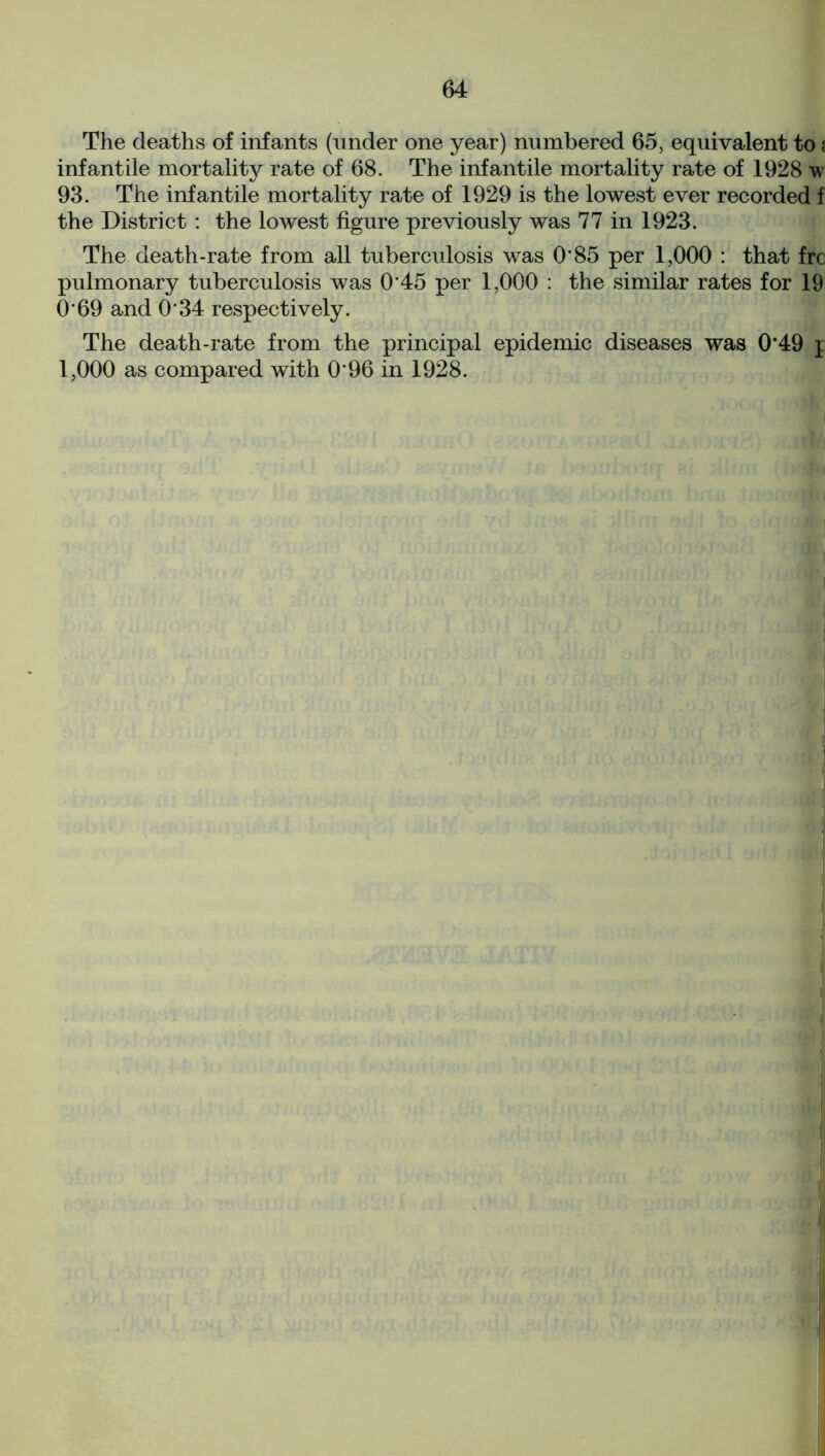 infantile mortality rate of 68. The infantile mortality rate of 1928 w 93. The infantile mortality rate of 1929 is the lowest ever recorded f the District : the lowest figure previously was 77 in 1923. The death-rate from all tuberculosis was 0‘85 per 1,000 : that frc pulmonary tuberculosis was 0'45 per 1,000 : the similar rates for 19 O'69 and O'34 respectively. The death-rate from the principal epidemic diseases was 0*49 j 1,000 as compared with 0*96 in 1928.