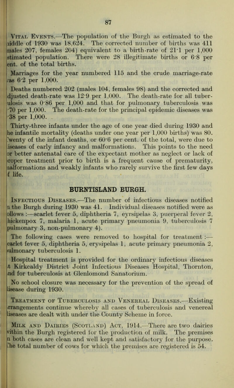 Vital Events.—The population of the Burgh as estimated to the liddle of 1930 was 18,624. The corrected number of births was 411 males 207, females 204) equivalent to a birth-rate of 21*1 per 1,000 stimated population. There were 28 illegitimate births or 6‘8 per ;ent. of the total births. * Marriages for the year numbered 115 and the crude marriage-rate ras 6*2 per 1,000. I Deaths numbered 202 (males 104, females 98) and the corrected and djusted death-rate was 12*9 per 1,000. The death-rate for all tuber- ulosis was O'86 per 1,000 and that for pulmonary tuberculosis was l 70 per 1,000. The death-rate for the principal epidemic diseases was 38 per 1,000. 1 Thirty-three infants under the age of one year died during 1930 and he infantile mortality (deaths under one year per 1,000 births) was 80. twenty of the infant deaths, or 60*6 per cent, of the total, were due to diseases of early infancy and malformations. This points to the need lor better antenatal care of the expectant mother as neglect or lack of Itroper treatment prior to birth is a frequent cause of prematurity, malformations and weakly infants who rarely survive the first few days •f life. BURNTISLAND BURGH. Infectious Diseases.—The number of infectious diseases notified a the Burgh during 1930 was 41. Individual diseases notified were as ollows :—scarlet fever 5, diphtheria 7, eyrsipelas 3, puerperal fever 2, hickenpox 7, malaria 1, acute primary pneumonia 9, tuberculosis 7 pulmonary 3, non-pulmonary 4). ! The following cases were removed to hospital for treatment :— carlet fever 5, diphtheria 5, erysipelas 1, acute primary pneumonia 2, pulmonary tuberculosis 1. Hospital treatment is provided for the ordinary infectious diseases <t Kirkcaldy District Joint Infectious Diseases Hospital, Thornton, -nd for tuberculosis at Glenlomond Sanatorium. No school closure was necessary for the prevention of the spread of Usease during 1930. j Treatment of Tuberculosis and Venereal Diseases.—Existing -rrangements continue whereby all cases of tuberculosis and venereal jliseases are dealt with under the County Scheme in force. | Milk and Dairies (Scotland) Act, 1914.—There are two dairies 'vithin the Burgh registered for the production of milk. The premises n both cases are clean and well kept and satisfactory for the purpose, -he total number of cows for which the premises are registered is 54.