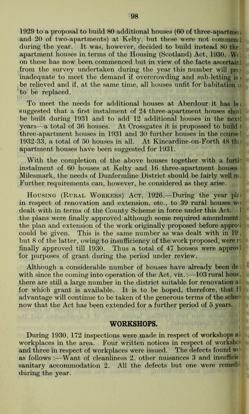 1929 to a proposal to build 80 additional houses (60 of three-apartmei 5 and 20 of two-apartments) at Kelty, but these were not commend during the year. It was, however, decided to build instead 80 thr. apartment houses in terms of the Housing (Scotland) Act, 1930. W(: on these has now been commenced but in view of the facts ascertair l from the survey undertaken during the year this number will prc 5 inadequate to meet the demand if overcrowding and sub-letting is > be relieved and if, at the same time, all houses unfit for habitation to be replaced. To meet the needs for additional houses at Aberdour it has bti suggested that a first instalment of 24 three-apartment houses shod be built during 1931 and to add 12 additional houses in the next! years—a total of 36 houses. At Crossgates it is propossed to build > three-apartment houses in 1931 and 30 further houses in the course t 1932-33, a total of 50 houses in all. At Kincardine-on-Forth 48 thi' apartment houses have been suggested for 1931. With the completion of the above houses together with a furtl: instalment of 60 houses at Kelty and 16 three-apartment houses 3 Milesmark, the needs of Dunfermline District should be fairly well m. Further requirements can, however, be considered as they arise. Housing (Rural Workers) Act, 1926.—During the year pks in respect of renovation and extension, etc., to 39 rural houses wo dealt with in terms of the County Scheme in force under this Act. I the plans were finally approved although some required amendment - the plan and extension of the work originally proposed before appro' 1 could be given. This is the same number as was dealt with in 19:, but 8 of the latter, owing to insufficiency of the work proposed, were r 0 finally approved till 1930. Thus a total of 47 houses were approv l for purposes of grant during the period under review. Although a considerable number of houses have already been de: with since the coming into operation of the Act, viz.:—103 rural hous, there are still a large number in the district suitable for renovation a i for which grant is available. It is to be hoped, therefore, that fl advantage will continue to be taken of the generous terms of the schei s now that the Act has been extended for a further period of 5 years. WORKSHOPS. During 1930, 172 inspections were made in respect of workshops a! workplaces in the area. Four written notices in respect of worksho and three in respect of workplaces were issued. The defects found w<5 as follows :—Want of cleanliness 2, other nuisances 3 and insufficiu sanitary accommodation 2. All the defects but one were remedH during the year.