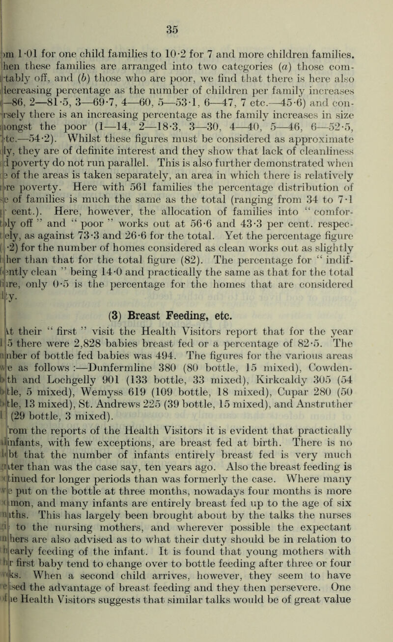 |)in 1-01 for one child families to 10-2 for 7 and more children families. I hen these families are arranged into two categories (a) those com- Irtably off, and (b) those who are poor, we find that there is here also degreasing percentage as the number of children per family increases i!-86, 2—81-5, 3—69-7, 4—60, 5—53-1, 6—47, 7 etc.-45-6) and con- l'sely there is an increasing percentage as the family increases in size ijiongst the poor (1—14, 2—18-3, 3—30, 4—40, 5—46, 6—52-5, itc.—54-2). Whilst these figures must be considered as approximate ijly, they are of definite interest and they show that lack of cleanliness :i poverty do not run parallel. This is also further demonstrated when ? of the areas is taken separately, an area in which there is relatively •re poverty. Here with 561 families the percentage distribution of sje of families is much the same as the total (ranging from 34 to 7-1 }'r cent.). Here, however, the allocation of families into “ comfor- t)ly off ” and “ poor ” works out at 56-6 and 43-3 per cent, respec- tely, as against 73-3 and 26-6 for the total. Yet the percentage figure ( -2) for the number of homes considered as clean works out as slightly idler than that for the total figure (82). The percentage for “ indif- fpntly clean ” being 14-0 and practically the same as that for the total Hire, only 0-5 is the percentage for the homes that are considered *y. (3) Breast Feeding, etc. It their “ first ” visit the Health Visitors report that for the year 15 there were 2,828 babies breast fed or a percentage of 82-5. The uliiber of bottle fed babies was 494. The figures for the various areas « e as follows :—Dunfermline 380 (80 bottle, 15 mixed), Cowden- Wth and Lochgelly 901 (133 bottle, 33 mixed), Kirkcaldy 305 (54 bjtle, 5 mixed), Wemyss 619 (109 bottle, 18 mixed), Cupar 280 (50 ' tie, 13 mixed), St. Andrews 225 (39 bottle, 15 mixed), and Anstruther I (29 bottle, 3 mixed). from the reports of the Health Visitors it is evident that practically • iinfants, with few exceptions, are breast fed at birth. There is no bt that the number of infants entirely breast fed is very much :i iter than was the case say, ten years ago. Also the breast feeding is tinued for longer periods than was formerly the case. Where many e put on the bottle at three months, nowadays four months is more mon, and many infants are entirely breast fed up to the age of six iths. This has largely been brought about by the talks the nurses to the nursing mothers, and wherever possible the expectant ii hers are also advised as to what their duty should be in relation to Nearly feeding of the infant. It is found that young mothers with 1'r first baby tend to change over to bottle feeding after three or four Hks. When a second child arrives, however, they seem to have e ised the advantage of breast feeding and they then persevere. One 1 ie Health Visitors suggests that similar talks would be of great value