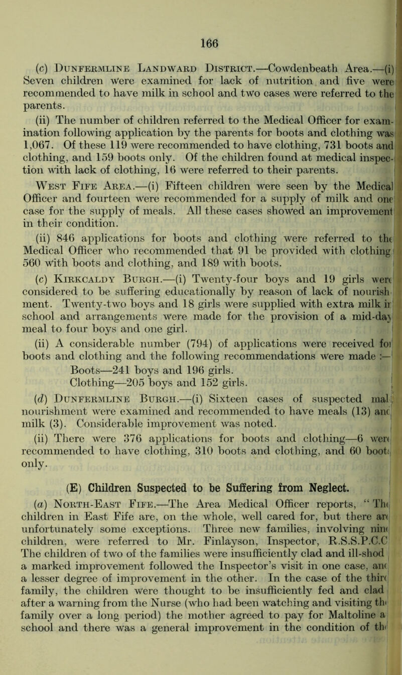 (c) Dunfermline Landward District.—Cowdenbeath Area.—(i) Seven children Were examined for lack of nutrition and five were recommended to have milk in school and two cases were referred to the parents. (ii) The number of children referred to the Medical Officer for exam- ination following application by the parents for boots and clothing was 1,067. Of these 119 were recommended to have clothing, 731 boots and clothing, and 159 boots only. Of the children found at medical inspec- tion with lack of clothing, 16 Were referred to their parents. West Fife Area.—(i) Fifteen children were seen by the Medical Officer and fourteen were recommended for a supply of milk and one case for the supply of meals. All these cases showed an improvement in their condition. (ii) 846 applications for boots and clothing were referred to tht Medical Officer who recommended that 91 be provided with clothing 560 with boots and clothing, and 189 with boots. (c) Kirkcaldy Burgh.—(i) Twenty-four boys and 19 girls wert considered to be suffering educationally by reason of lack of nourish ment. Twenty-two boys and 18 girls were supplied with extra milk ii school and arrangements Were made for the provision of a mid-da} meal to four boys and one girl. (ii) A considerable number (794) of applications were received foi boots and clothing and the following recommendations Were made Boots—241 boys and 196 girls. Clothing—205 boys and 152 girls. (d) Dunfermline Burgii.—(i) Sixteen cases of suspected mal nourishment were examined and recommended to have meals (13) ant milk (3). Considerable improvement was noted. (ii) There Were 376 applications for boots and clothing—6 wrer< recommended to have clothing, 310 boots and clothing, and 60 boot; only. (E) Children Suspected to be Suffering from Neglect. (a) North-East Fife.—The Area Medical Officer reports, “ Th< children in East Fife are, on the whole, well cared for, but there an unfortunately some exceptions. Three new families, involving nin< children, were referred to Mr. Finlayson, Inspector, R.S.S.P.C.C The children of two of the families were insufficiently clad and ill-shod a marked improvement followed the Inspector’s visit in one case, an< a lesser degree of improvement in the other. In the case of the thin family, the children Were thought to be insufficiently fed and clad after a warning from the Nurse (who had been watching and visiting th< family over a long period) the mother agreed to pay for Maltoline a school and there was a general improvement in the condition of th<