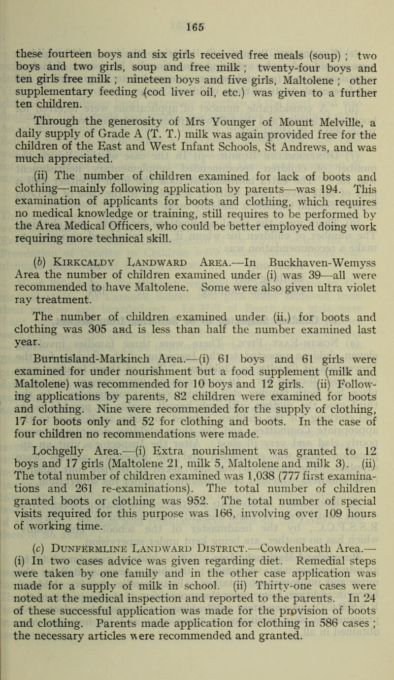 these fourteen boys and six girls received free meals (soup) ; two boys and two girls, soup and free milk ; twenty-four boys and ten girls free milk ; nineteen boys and five girls, Maltolene ; other supplementary feeding ^cod liver oil, etc.) was given to a further ten children. Through the generosity of Mrs Younger of Mount Melville, a daily supply of Grade A (T. T.) milk was again provided free for the children of the East and West Infant Schools, St Andrews, and was much appreciated. (ii) The number of children examined for lack of boots and clothing—mainly following application by parents—was 194. This examination of applicants for boots and clothing, which requires no medical knowledge or training, still requires to be performed by the Area Medical Officers, who could be better employed doing work requiring more technical skill. (b) Kirkcaldy Landward Area.—In Buckhaven-Wemyss Area the number of children examined under (i) was 39—all were recommended to have Maltolene. Some were also given ultra violet ray treatment. The number of children examined under (ii.) for boots and clothing was 305 and is less than half the number examined last year. Burntisland-Markinch Area.—(i) 61 boys and 61 girls were examined for under nourishment but a food supplement (milk and Maltolene) was recommended for 10 boys and 12 girls, (ii) Follow- ing applications by parents, 82 children were examined for boots and clothing. Nine were recommended for the supply of clothing, 17 for boots only and 52 for clothing and boots. In the case of four children no recommendations were made. Lochgelly Area.—(i) Extra nourishment was granted to 12 boys and 17 girls (Maltolene 21, milk 5, Maltolene and milk 3). (ii) The total number of children examined was 1,038 (777 first examina- tions and 261 re-examinations). The total number of children granted boots or clothing was 952. The total number of special visits required for this purpose was 166, involving over 109 hours of working time. (c) Dunfermline Landward District.—Cowdenbeath Area.— (i) In two cases advice was given regarding diet. Remedial steps were taken by one family and in the other case application was made for a supply of milk in school, (ii) Thirty-one cases were noted at the medical inspection and reported to the parents. In 24 of these successful application was made for the prpvision of boots and clothing. Parents made application for clothing in 586 cases ; the necessary articles were recommended and granted.