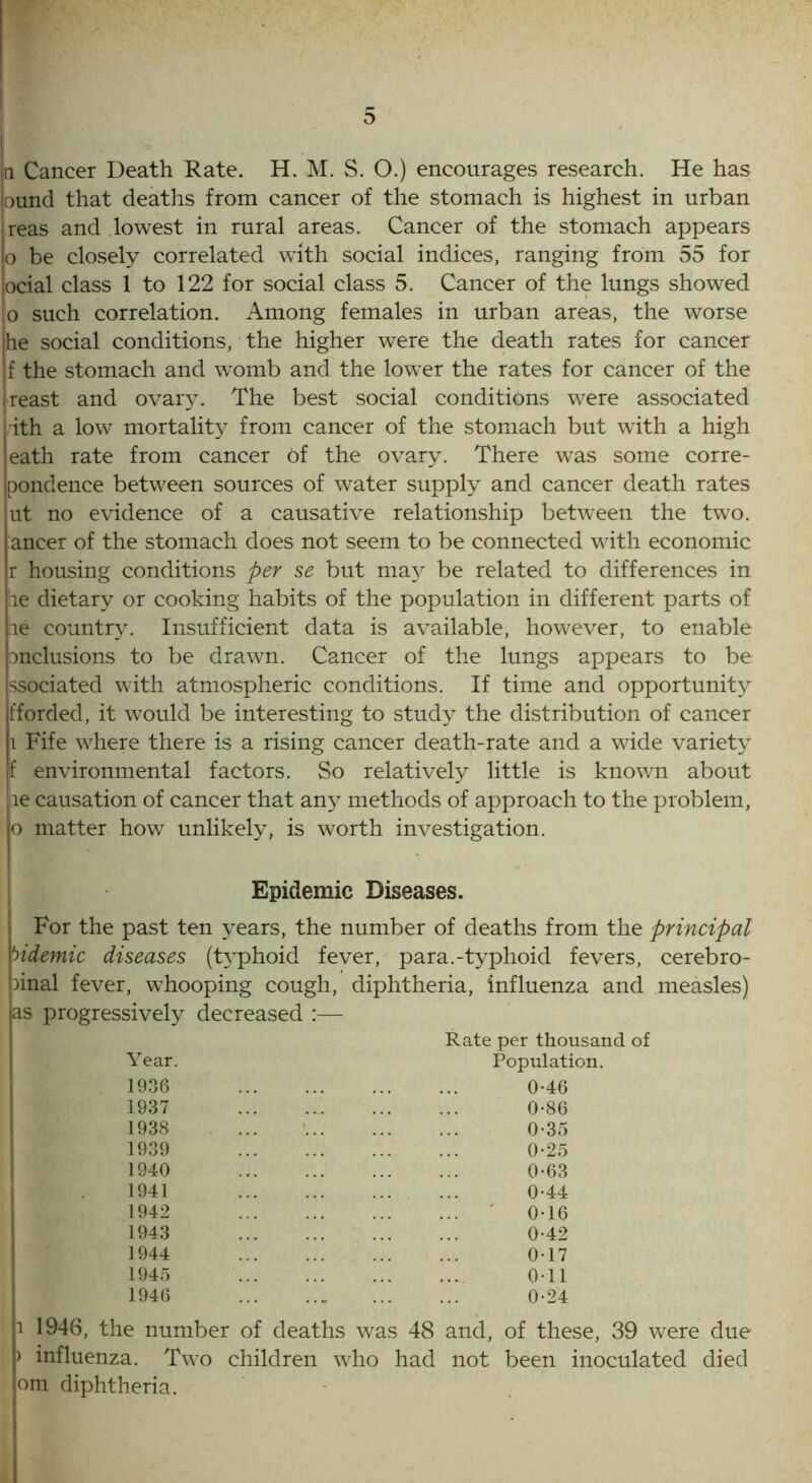 jn Cancer Death Rate. H. M. S. O.) encourages research. He has ound that deaths from cancer of the stomach is highest in urban ireas and lowest in rural areas. Cancer of the stomach appears lo be closely correlated with social indices, ranging from 55 for iocial class 1 to 122 for social class 5. Cancer of the lungs showed So such correlation. Among females in urban areas, the worse he social conditions, the higher were the death rates for cancer f the stomach and womb and the lower the rates for cancer of the ireast and ovary. The best social conditions were associated ith a low mortality from cancer of the stomach but wTith a high eath rate from cancer of the ovary. There was some corre- pondence between sources of water supply and cancer death rates jut no evidence of a causative relationship between the two. ancer of the stomach does not seem to be connected with economic r housing conditions per se but may be related to differences in he dietary or cooking habits of the population in different parts of ie country. Insufficient data is available, however, to enable Dnclusions to be drawn. Cancer of the lungs appears to be ssociated with atmospheric conditions. If time and opportunity fforded, it would be interesting to study the distribution of cancer i Fife where there is a rising cancer death-rate and a wide variety f environmental factors. So relatively little is known about le causation of cancer that any methods of approach to the problem, o matter how unlikely, is worth investigation. Epidemic Diseases. For the past ten years, the number of deaths from the principal ^identic diseases (typhoid fever, para.-typhoid fevers, cerebro- hnal fever, whooping cough, diphtheria, 'influenza and measles) as progressively decreased :— Rate per thousand of Year. Population. 1936 1937 1938 0-46 0-86 0-35 1939 0-25 1940 1941 1942 0-63 0-44 0-16 1943 1944 1945 0-42 0-17 0-11 1946 0-24 i 1946, the number of deaths was 48 and, of these, 39 were due ) influenza. Two children who had not been inoculated died om diphtheria.