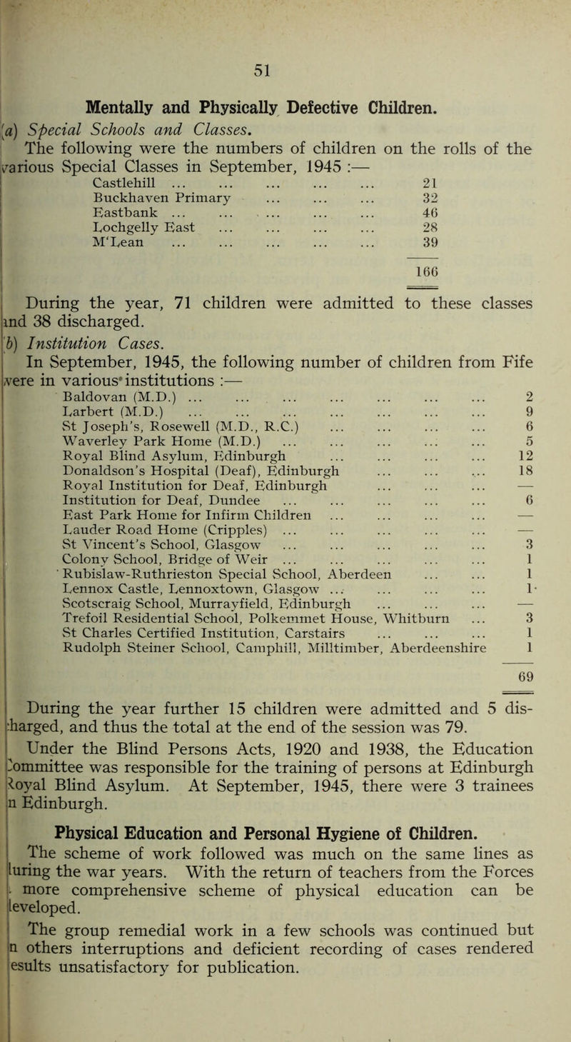 Mentally and Physically Defective Children. [a) Special Schools and Classes. The following were the numbers of children on the rolls of the various Special Classes in September, 1945 :— Castlehill ... ... ... ... ... 21 Buckhaven Primary ... ... ... 32 Eastbank ... ... ... ... ... 46 Lochgelly East ... ... ... ... 28 M'Lean ... ... ... ... ... 39 166 During the year, 71 children were admitted to these classes md 38 discharged. b) Institution Cases. In September, 1945, the following number of children from Fife ,vere in various* institutions :— Baldovan (M.D.) ... Larbert (M.D.) St Joseph’s, Rosewell (M.D., R.C.) Waverley Park Home (M.D.) Royal Blind Asylum, Edinburgh Donaldson’s Hospital (Deaf), Edinburgh Royal Institution for Deaf, Edinburgh Institution for Deaf, Dundee East Park Home for Infirm Children Lauder Road Home (Cripples) ... St Vincent’s School, Glasgow Colony School, Bridge of Weir ... ' Rubislaw-Ruthrieston Special School, Aberdeen Lennox Castle, Lennoxtown, Glasgow ... Scotscraig School, Murrayfield, Edinburgh Trefoil Residential School, Polkemmet House, Whitburn St Charles Certified Institution, Carstairs Rudolph Steiner School, Camphill, Milltimber, Aberdeenshire 69 dis- During the year further 15 children were admitted and 5 Charged, and thus the total at the end of the session was 79. ! Under the Blind Persons Acts, 1920 and 1938, the Education Committee was responsible for the training of persons at Edinburgh i^oyal Blind Asylum. At September, 1945, there were 3 trainees ]n Edinburgh. Physical Education and Personal Hygiene of Children. The scheme of work followed was much on the same lines as luring the war years. With the return of teachers from the Forces - more comprehensive scheme of physical education can be leveloped. The group remedial work in a few schools was continued but la others interruptions and deficient recording of cases rendered esults unsatisfactory for publication.