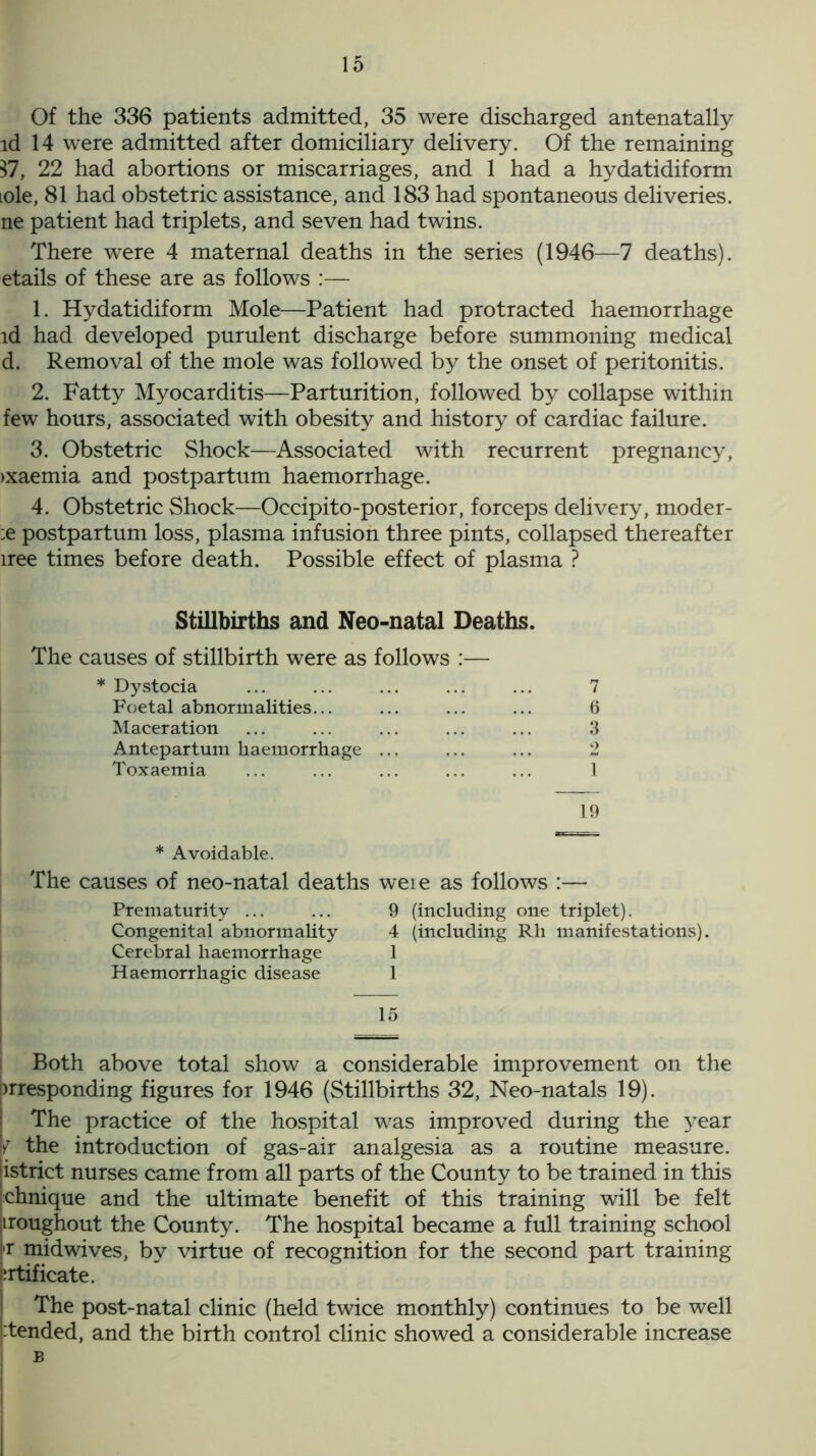 Of the 336 patients admitted, 35 were discharged antenatally id 14 were admitted after domiciliary delivery. Of the remaining $7, 22 had abortions or miscarriages, and 1 had a hydatidiform ide, 81 had obstetric assistance, and 183 had spontaneous deliveries, ne patient had triplets, and seven had twins. There were 4 maternal deaths in the series (1946—7 deaths), etails of these are as follows :— 1. Hydatidiform Mole—Patient had protracted haemorrhage id had developed purulent discharge before summoning medical d. Removal of the mole was followed by the onset of peritonitis. 2. Fatty Myocarditis—Parturition, followed by collapse within few hours, associated with obesity and history of cardiac failure. 3. Obstetric Shock—Associated with recurrent pregnancy, >xaemia and postpartum haemorrhage. 4. Obstetric Shock—Occipito-posterior, forceps delivery, moder- :e postpartum loss, plasma infusion three pints, collapsed thereafter iree times before death. Possible effect of plasma ? Stillbirths and Neo-natal Deaths. The causes of stillbirth were as follows :— * Dystocia Foetal abnormalities... Maceration Antepartum haemorrhage Toxaemia 19 6 3 2 1 * Avoidable. The causes of neo-natal deaths weie as follows :— Prematurity ... ... 9 (including one triplet). Congenital abnormality 4 (including Rli manifestations). Cerebral haemorrhage 1 Haemorrhagic disease 1 Both above total show a considerable improvement on the >rresponding figures for 1946 (Stillbirths 32, Neo-natals 19). The practice of the hospital was improved during the year ? the introduction of gas-air analgesia as a routine measure, istrict nurses came from all parts of the County to be trained in this chnique and the ultimate benefit of this training will be felt iroughout the County. The hospital became a full training school r midwives, by virtue of recognition for the second part training hrtificate. The post-natal clinic (held twice monthly) continues to be well ptended, and the birth control clinic showed a considerable increase B