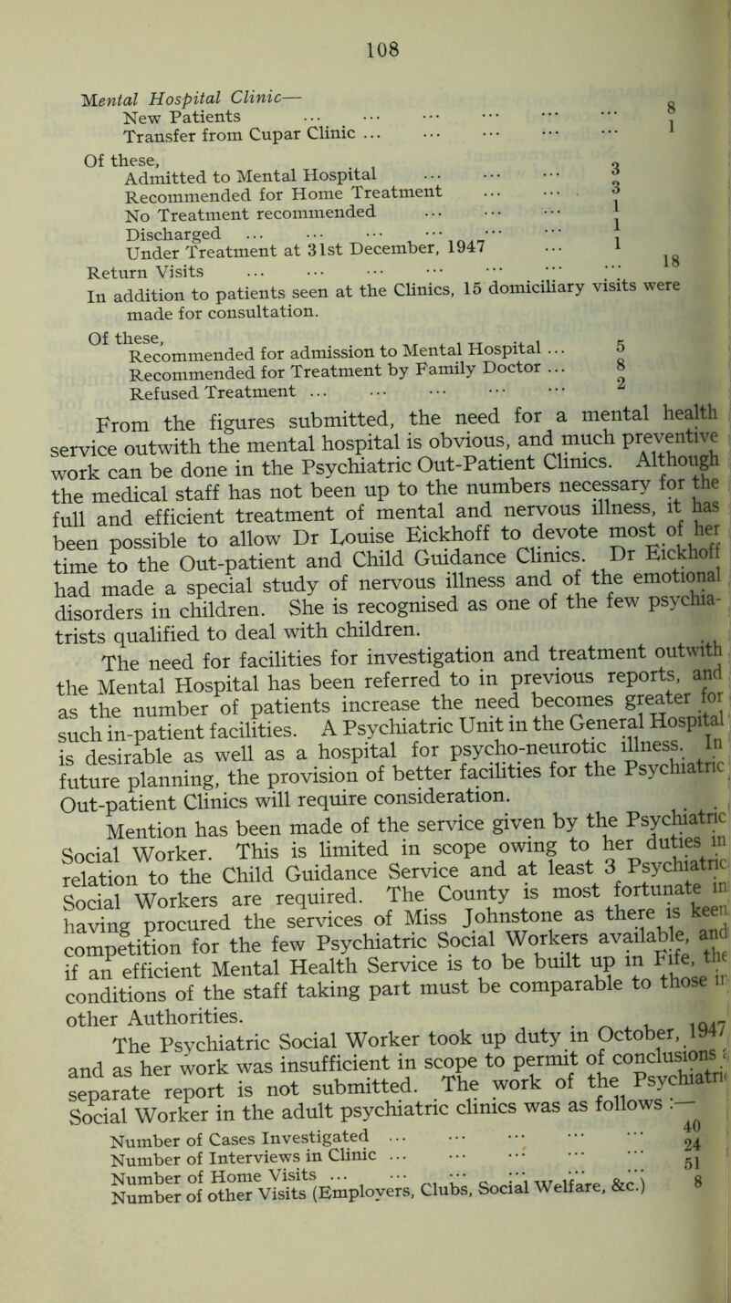 Mental Hospital Clinic— New Patients • • • Transfer from Cupar Clinic ... Of these, Admitted to Mental Hospital Recommended for Home Treatment No Treatment recommended Discharged Under Treatment at 31st December, 1947 Return Visits 18 In addition to patients seen at the Clinics, 15 domiciliary visits were made for consultation. Of these, ,, , , TT ... Recommended for admission to Mental Hospital ... Recommended for Treatment by Family Doctor ... Refused Treatment From the figures submitted, the need for a mental health service outwith the mental hospital is obvious, and much preventive work can be done in the Psychiatric Out-Patient Clinics. Although the medical staff has not been up to the numbers necessary for the full and efficient treatment of mental and nervous illness it has been possible to allow Dr Louise Eickhoff to devote most of her time to the Out-patient and Child Guidance Clinics.,®r: had made a special study of nervous illness and of the emotional disorders in children. She is recognised as one of the few psychia- trists qualified to deal with children. The need for facilities for investigation and treatment outwith the Mental Hospital has been referred to in previous reports, and as the number of patients increase the need becomes greater for such in-patient facilities. A Psychiatric Unit m the General Hospital is desirable as well as a hospital for psycho-neurotic illness. In future planning, the provision of better facilities for the Psychia e Out-patient Clinics will require consideration. Mention has been made of the service given by the Psychiatnc Social Worker. This is limited in scope owing to her duties relation to the Child Guidance Service and at least 3 Psychiatnc Social Workers are required. The County is most fortunat having procured the services of Miss Johnstone as there is keen competition for the few Psychiatric Social Workers available an if an efficient Mental Health Service is to be built up.in^Fife 1* conditions of the staff taking part must be comparable to those other Authorities. . _ . 1Q,7 The Psychiatric Social Worker took up duty m October, 194/ and as her work was insufficient in scope to permit of conclusions ■ separate report is not submitted. The work of the Psychia Social Worker in the adult psychiatric clinics was as follows .- Number of Cases Investigated 24 Number of Interviews in Clinic 51 Number of other Visits (Employers, Clubs, Social Welfare, &c.j