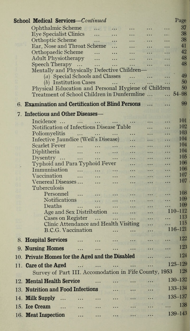 School Medical Services—Continued Page Ophthalmic Scheme ... ... ... ... ... 37 Eye Specialist Clinics Orthoptic Scheme ... ... ... ... Ear, Nose and Throat Scheme ... ... ... ... 41 Orthopaedic Scheme ... ... ... ... ... 42 Adult Physiotherapy ... ... ... ... ... 48 Speech Therapy ... ... ... ... ... ... 48 Mentally and Physically Defective Children— (a) Special Schools and Classes ... ... ... 49 (b) Institution Cases ... ... ... ... 50 Physical Education and Personal Hygiene of Children 50 Treatment of School Children in Dunfermline 54-98 6. Examination and Certification of Blind Persons 99 7. Infectious and Other Diseases— Incidence ... ... ... ... ... ••• ••• 101 Notification of Infectious Disease Table ... ... 102 Poliomyelitis ,.. ... ... ... ••• ••• 103 Infective Jaundice (Weil’s Disease) ... ... ... 104 Scarlet Fever ... ... ... ... ... ••• 104 Diphtheria 104 Dysentry ... ... ... ... ... ••• ••• 105 Typhoid and Para Typhoid Fever 106 Immunisation ... ... ... ... ... ... 106 Vaccination ... ... ... ... ••• ••• 107 V enereal Diseases 107 Tuberculosis Personnel ... ... ... ... ... ••• 108 Notifications ... ... ... ... ••• 109 Deaths ... ... ... ... ••• ••• 109 Age and Sex Distribution ... ... ... 110-112 Cases on Register ... ... ... ... ••• H3 Clinic Attendance and Health Visiting ... ... 115 B.C.G. Vaccination ... ... ... 116-121 8. Hospital Services 122 9. Nursing Homes I23 10. Private Homes for the Aged and the Disabled ... ... 124 11. Care of the Aged 125-129 Survey of Part III. Accomodation in Fife County, 1953 128 12. Mental Health Service 130-132 13. Nutrition and Food Infections 133-134 14. Milk Supply 135-137 15. IceCream 138