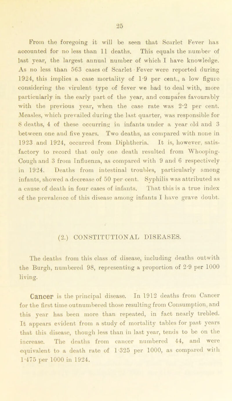 From the foregoing it will be seen that Scai'let Fever has accounted for no less than 11 deaths. This equals the number of last year, the largest annual number of which I have knowledge. As no less than 563 cases of Scarlet Fever were reported during 1924, this implies a case mortality of 1-9 per cent., a low figure considering the virulent type of fever we had to deal with, more particularly in the early part of the year, and compares favourably with the previous year, when the case rate was 2-2 per cent. Measles, which prevailed during the last quarter, was responsible for 8 deaths, 4 of these occurring in infants under a year old and 3 between one and five years. Two deaths, as compared with none in 1923 and 1924, occurred from Diphtheria. It is, however, satis- factory to record that only one death resulted from Whooping- Cough and 3 from Influenza, as compared with 9 and 6 respectively in 1924. Deaths from intestinal troubles, particularly among infants, showed a decrease of 50 per cent. Syphilis was attributed as a cause of death in four cases of infants. That this is a true index of the prevalence of this disease among infants I have grave doubt. (2.) CONSTITUTIONAL DISEASES. The deaths from this class of disease, including deaths outwith the Burgh, numbered 98, representing a proportion of 2-9 per 1000 living. Cancer is the principal disease. In 1912 deaths from Cancer for the first time outnumbered those resulting from Consumption, and this year has been more than repeated, in fact nearly trebled. It appears evident from a study of mortality tables for past years that this disease, though less than in last year, tends to be on the increase. The deaths from cancer numbered 44, and were equivalent to a death rate of D325 per 1000, as compared with D475 per 1000 in 1924.