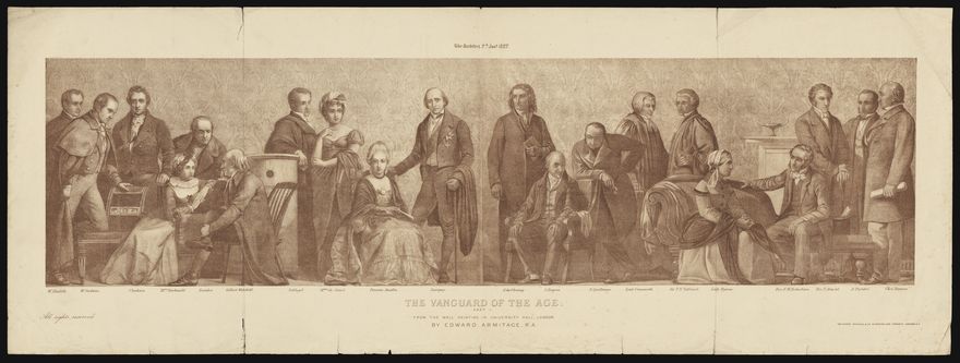 Thinkers, writers, jurists and clergy associated with Henry Crabb Robinson. Photolithograph, 1887, after E. Armitage.