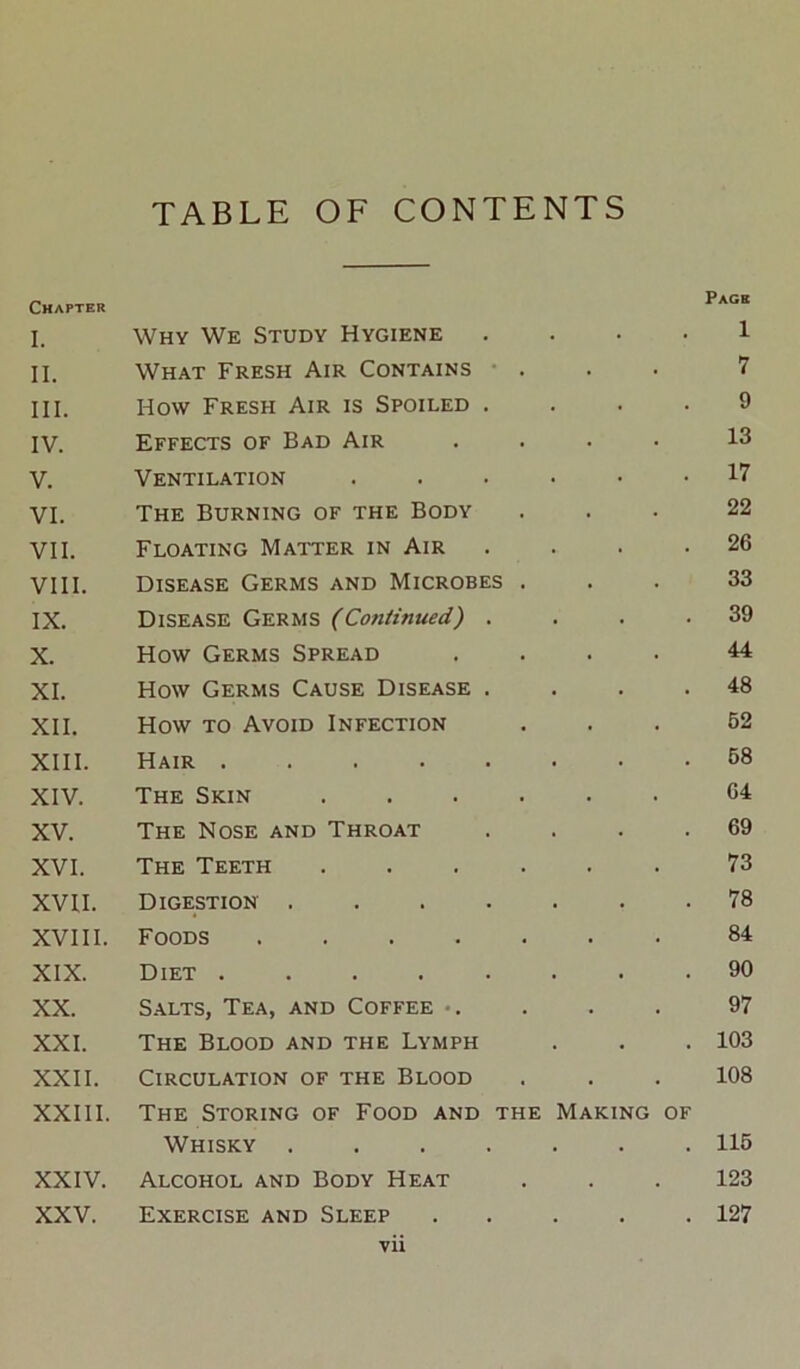 TABLE OF CONTENTS Chapter Page I. Why We Study Hygiene 1 II. What Fresh Air Contains • . 7 III. How Fresh Air is Spoiled . 9 IV. Effects of Bad Air 13 V. Ventilation . 17 VI. The Burning of the Body 22 VII. Floating Matter in Air . 26 VIII. Disease Germs and Microbes . 33 IX. Disease Germs (Continued) . . 39 X. How Germs Spread 44 XL How Germs Cause Disease . . 48 XII. How TO Avoid Infection 62 XIII. Hair ..... . 58 XIV. The Skin .... 64 XV. The Nose and Throat . 69 XVI. The Teeth .... 73 XVII. Digestion .... . 78 XVIII. Foods ..... 84 XIX. Diet ..... . 90 XX. S.ALTS, Tea, and Coffee •. 97 XXL The Blood and the Lymph . 103 XXII. Circulation of the Blood 108 XXIII. The Storing of Food and the Making of Whisky .... . 116 XXIV. Alcohol and Body Heat 123 XXV. Exercise and Sleep . 127