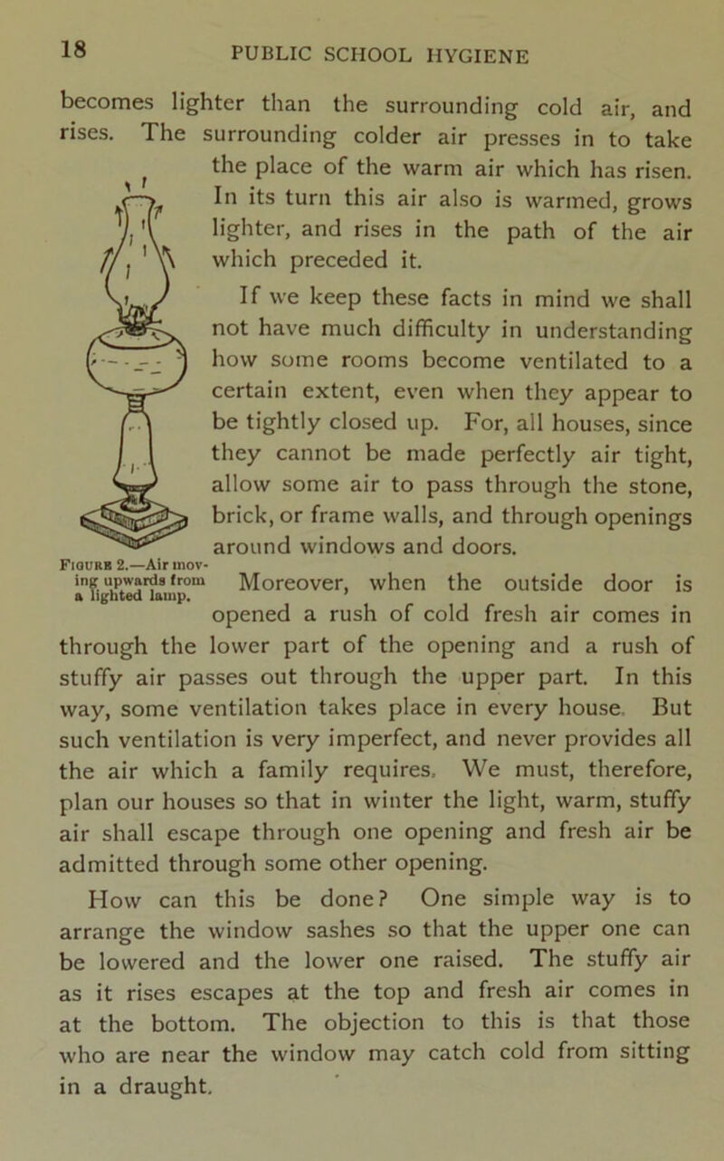 becomes lighter than the surrounding cold air, and rises. The surrounding colder air presses in to take the place of the warm air which has risen. In its turn this air also is warmed, grows lighter, and rises in the path of the air which preceded it. If we keep these facts in mind we shall not have much difficulty in understanding how some rooms become ventilated to a certain extent, even when they appear to be tightly closed up. For, all houses, since they cannot be made perfectly air tight, allow some air to pass through the stone, brick, or frame walls, and through openings around windows and doors. Fiourb 2.—Air inov- afi(fht^'ump'“ Moreover, when the outside door is opened a rush of cold fresh air comes in through the lower part of the opening and a rush of stuffy air passes out through the upper part. In this way, some ventilation takes place in every house. But such ventilation is very imperfect, and never provides all the air which a family requires. We must, therefore, plan our houses so that in winter the light, warm, stuffy air shall escape through one opening and fresh air be admitted through some other opening. How can this be done? One simple way is to arrange the window sashes so that the upper one can be lowered and the lower one raised. The stuffy air as it rises escapes at the top and fresh air comes in at the bottom. The objection to this is that those who are near the window may catch cold from sitting in a draught.