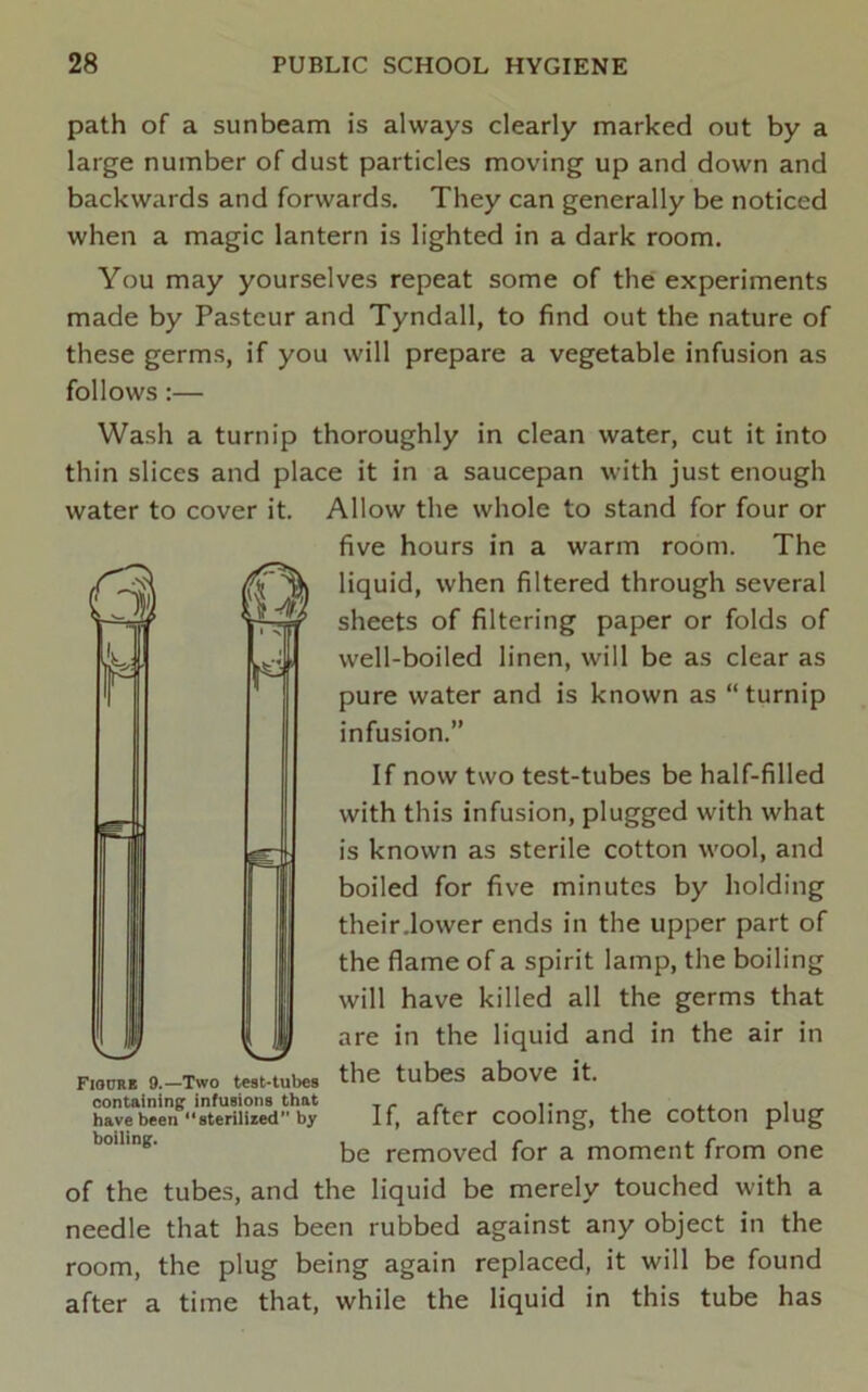 path of a sunbeam is always clearly marked out by a large number of dust particles moving up and down and backwards and forwards. They can generally be noticed when a magic lantern is lighted in a dark room. You may yourselves repeat some of the experiments made by Pasteur and Tyndall, to find out the nature of these germs, if you will prepare a vegetable infusion as follows:— Wash a turnip thoroughly in clean water, cut it into thin slices and place it in a saucepan with just enough water to cover it. Allow the whole to stand for four or five hours in a warm room. The liquid, when filtered through several sheets of filtering paper or folds of well-boiled linen, will be as clear as pure water and is known as “ turnip infusion.” If now two test-tubes be half-filled with this infusion, plugged with what is known as sterile cotton wool, and boiled for five minutes by holding their.lower ends in the upper part of the flame of a spirit lamp, the boiling will have killed all the germs that 1^ I are in the liquid and in the air in the tubes above it. If, after cooling, the cotton plug be removed for a moment from one of the tubes, and the liquid be merely touched with a needle that has been rubbed against any object in the room, the plug being again replaced, it will be found after a time that, while the liquid in this tube has Fiodre 9.—Two test-tubes containing' infusions that have been steriliied” by boiling'.