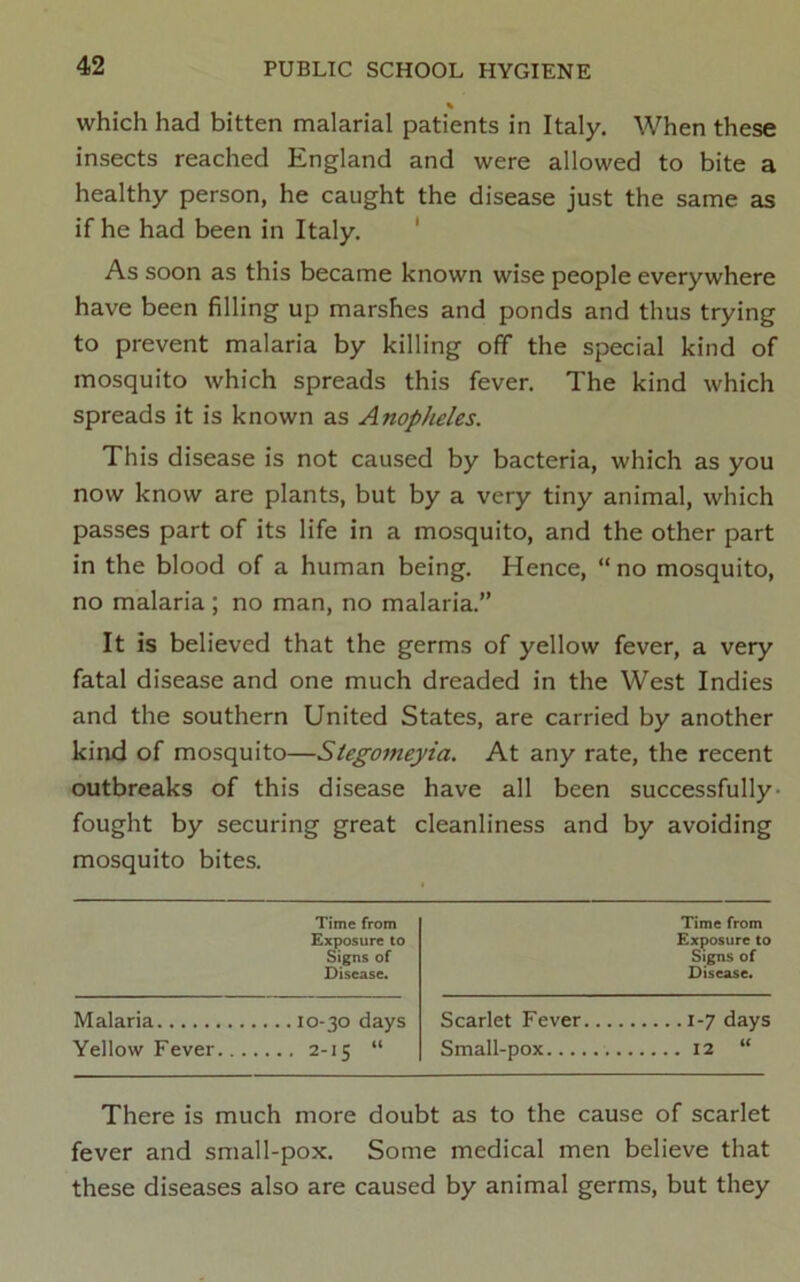 which had bitten malarial patients in Italy. When these insects reached England and were allowed to bite a healthy person, he caught the disease just the same as if he had been in Italy. ' As soon as this became known wise people everywhere have been filling up marshes and ponds and thus trying to prevent malaria by killing off the special kind of mosquito which spreads this fever. The kind which spreads it is known as Anopheles. This disease is not caused by bacteria, which as you now know are plants, but by a very tiny animal, which passes part of its life in a mosquito, and the other part in the blood of a human being. Hence, “no mosquito, no malaria ; no man, no malaria.” It is believed that the germs of yellow fever, a very fatal disease and one much dreaded in the West Indies and the southern United States, are carried by another kind of mosquito—Stegomeyia. At any rate, the recent outbreaks of this disease have all been successfully- fought by securing great cleanliness and by avoiding mosquito bites. Time from Exposure to Signs of Disease. Malaria 10-30 days Yellow Fever 2-15 “ Time from Exposure to Signs of Disease. Scarlet Fever 1-7 days Small-pox 12 “ There is much more doubt as to the cause of scarlet fever and small-pox. Some medical men believe that these diseases also are caused by animal germs, but they