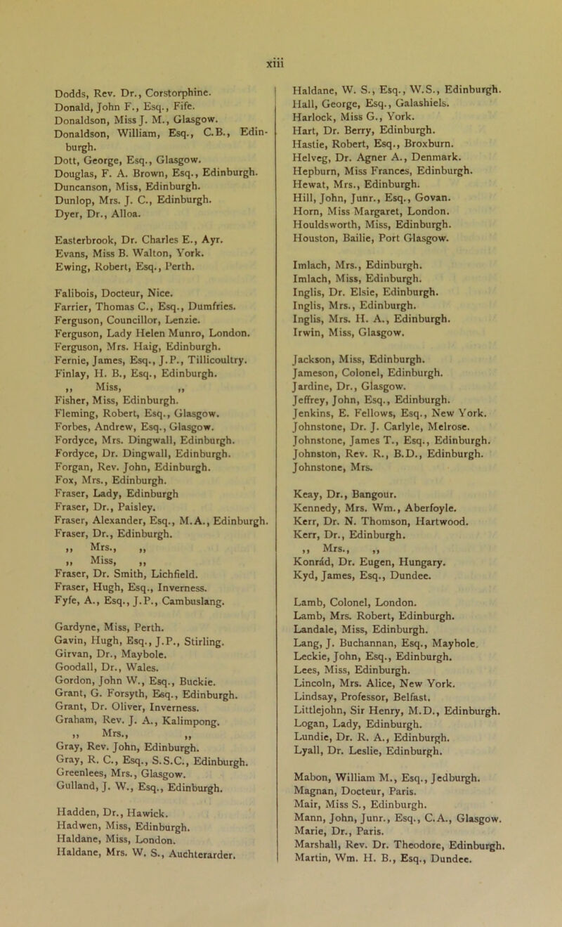 Dodds, Rev. Dr., Corstorphine. Donald, John F., Esq., Fife. Donaldson, MissJ. M., Glasgow. Donaldson, William, Esq., C.B., Edin- burgh. Dott, George, Esq., Glasgow. Douglas, F. A. Brown, Esq., Edinburgh. Duncanson, Miss, Edinburgh. Dunlop, Mrs. J. C., Edinburgh. Dyer, Dr., Alloa. Easterbrook, Dr. Charles E., Ayr. Evans, Miss B. Walton, York. Ewing, Robert, Esq., Perth. Falibois, Docteur, Nice. Farrier, Thomas C., Esq., Dumfries. Ferguson, Councillor, Lenzie. Ferguson, Lady Helen Munro, London. Ferguson, Mrs. Haig, Edinburgh, Fernie, James, Esq., J.P., Tillicoultry. Finlay, H. B., Esq., Edinburgh, ,, Miss, ,, Fisher, Miss, Edinburgh. Fleming, Robert, Esq., Glasgow. Forbes, Andrew, Esq., Glasgow. Fordyce, Mrs. Dingwall, Edinburgh. Fordyce, Dr. Dingwall, Edinburgh. Forgan, Rev. John, Edinburgh. Fox, Mrs., Edinburgh. Fraser, Lady, Edinburgh Fraser, Dr., Paisley. Fraser, Alexander, Esq., M.A., Edinburgh. Fraser, Dr., Edinburgh. ,, Mrs., „ ,, Miss, ,, Fraser, Dr. Smith, Lichfield. Fraser, Hugh, Esq., Inverness. Fyfe, A., Esq., J.P., Cambuslang. Gardyne, Miss, Perth. Gavin, Hugh, Esq., J.P., Stirling. Girvan, Dr., Maybole. Goodall, Dr., Wales. Gordon, John W., Esq., Buckie. Grant, G. Forsyth, Esq., Edinburgh. Grant, Dr. Oliver, Inverness. Graham, Rev. J. A., Kalimpong. ,, Mrs., „ Gray, Rev. John, Edinburgh. Gray, R. C., Esq., S.S.C., Edinburgh. Greenlees, Mrs., Glasgow. Gulland, J. W., Esq., Edinburgh. Hadden, Dr., Hawick. Hadwen, Miss, Edinburgh. Haldane, Miss, London. Haldane, Mrs. W, S., Auchterarder. Haldane, W. S., Esq., W.S., Edinburgh. Hall, George, Esq., Galashiels. Harlock, Miss G., York. Hart, Dr. Berry, Edinburgh. Hastie, Robert, Esq., Broxburn. Helveg, Dr. Agner A., Denmark. Hepburn, Miss Frances, Edinburgh. Hewat, Mrs., Edinburgh. Hill, John, Junr., Esq., Govan. Horn, Miss Margaret, London. Houldsworth, Miss, Edinburgh. Houston, Bailie, Port Glasgow. Imlach, Mrs., Edinburgh. Imlach, Miss, Edinburgh. Inglis, Dr. Elsie, Edinburgh. Inglis, Mrs., Edinburgh. Inglis, Mrs. H. A., Edinburgh. Irwin, Miss, Glasgow. Jackson, Miss, Edinburgh. Jameson, Colonel, Edinburgh. Jardine, Dr., Glasgow. Jeffrey, John, Esq., Edinburgh. Jenkins, E. Fellows, Esq., New York. Johnstone, Dr. J. Carlyle, Melrose. Johnstone, James T., Esq., Edinburgh. Johnston, Rev. R., B.D., Edinburgh. Johnstone, Mrs. Keay, Dr., Bangour. Kennedy, Mrs. Wm., Aberfoyle. Kerr, Dr. N. Thomson, Hartwood. Kerr, Dr., Eldinburgh. ,, Mrs., „ Konrid, Dr. Eugen, Hungary, Kyd, James, Esq., Dundee. Lamb, Colonel, London. Lamb, Mrs. Robert, Edinburgh. Landale, Miss, Edinburgh. Lang, J. Buchannan, Esq., Maybole, Leckie, John, Esq., Edinburgh. Lees, Miss, Edinburgh. Lincoln, Mrs. Alice, New York. Lindsay, Professor, Belfast. Littlejohn, Sir Henry, M.D., Edinburgh. Logan, Lady, Edinburgh. Lundie, Dr. R. A., Edinburgh, Lyall, Dr. Leslie, Edinburgh. Mabon, William M., Esq., Jedburgh. Magnan, Docteur, Paris. Mair, Miss S., Edinburgh. Mann, John, Junr., Esq., C.A., Glasgow. Marie, Dr., Paris. Marshall, Rev. Dr. Theodore, Edinburgh. Martin, Wm. H. B., Esq., Dundee.