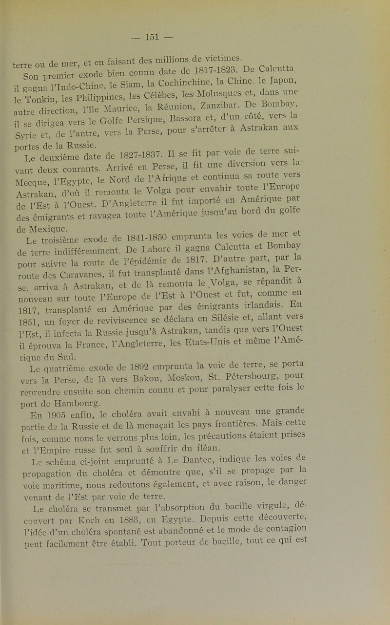 terre ou de mer, et en faisant des millions de victimes Son premier exode bien connu date de 1817-1823 De Calcutta i! gagna l’lndo-Chine, le Siam, la Cochinchine. la Chine le Japon, le Tonkin, les Philippines, les Celebes, les Molusques et, dans une autre direction, Pile Maurice, la Reunion, Zanzibar. De Bomba> , i! se dirigea vers le Golfe Persique, Bassora et, d un cote vers Syrie et, de l’autre, vers la Perse, pour s’arreter a Astrakan aux nortes de la Russie. . I.e deuxieme date da 1827-1837. II se fit par vole de terre Su - va,it deux courants. Arrive etl Perse, il fit une d.version vers la Mecque, 1'Egypte, le Nord de PAfrique et coutinua Astrakan d'of, il remonta le Volga pour envahir toute 1 Europe de l’Est 'il l’Ouesf. D'Angleterre il tut importe on Amerique par des Emigrants et ravages toute l'Amerique iusqu'au bord du golfe de Mexique. . , , Le troisieme exode de 1841-1850 emprunta les voies de mer et de terre indifferemment. De Lahore il gagna Calcutta et Bombay pour suivre la route de P6pidemie de 1817. D’autre part Par la route des Caravanes, il fut transplants dans PAfghanistan, la Per- se arriva a Astrakan, et de la remonta le Volga, se repandit a nouveau sur toute l’Europe de l’Est a POuest et fut comme en 1817, transplants en Amerique par des emigrants lrlandais. En 1851 un foyer de reviviscence se declara en Silesie et, allant vers l’Est, il infccta la Russie jusqu’5 Astrakan, tandis que vers POuest il eprouva la France, l’Angleterre, les Etats-TJnis et meme PAme- rique du Sud. Le quatrieme exode de 1892 emprunta la voie de terre, se porta vers la Perse, de la vers Bakou, Moskou, St. Petersbourg, pour reprendre ensuitc son chemin connu et pour paralyser cette fois le port de Hambourg. En 1905 enfin, le cholera avait envahi a nouveau une grande partie de la Russie et de 15 menapait les pays frontieres. Mais cette fois, comme nous le verrons plus loin, les precautions etaient prises et l’Empire russc fut seul a souffrir du fleau. I,e schema ci-ioint emprunte a Le Dantec, indique les voies de propagation du cholera et demontre que, s’il se propage par la voie maritime, nous redoutons egalement, et avec raison, le danger venant de l’Est par voie de terre. Le cholera se transmet par l’absorption du bacille virgule, de- couvert par Koch en 1883, en Egypte. Depuis cette decouverte, l’idee d’un cholera spontane est abandonne et le mode de contagion pent facilement etre etabli. Tout porteur de bacille, tout ce qui est