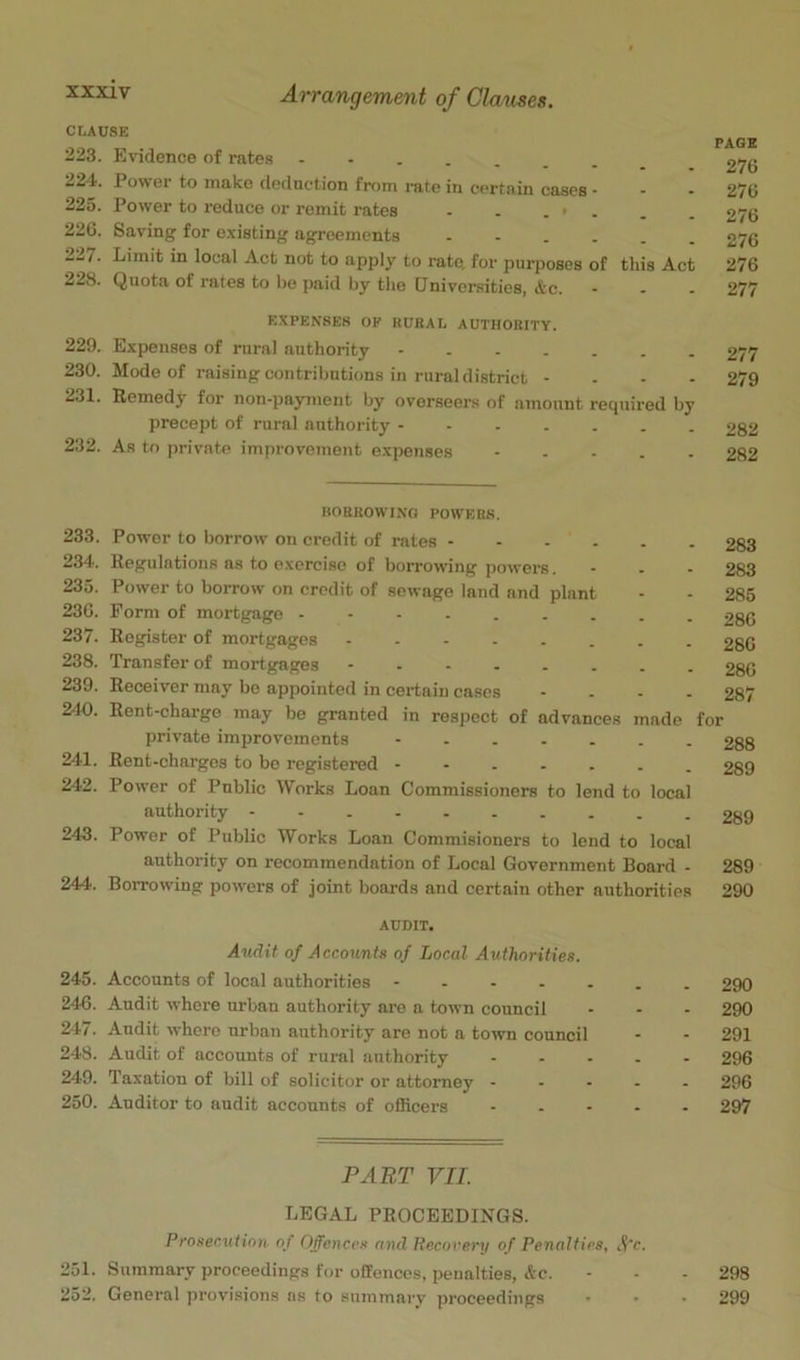CLAUSE 223. Evidence of rates 224. Power to make dedaction from rate in certain cases • 225. Power to reduce or remit rates - . . • . 226. Saving for existing agreements - - . . 227. Limit in local Act not to apply to rate, for purposes of 228. Quota of rates to be paid by the Universities, &c. this Act PAGE 276 276 276 276 276 277 EXPENSES OP RURAL AUTHORITY. 229. Expenses of rural authority 277 230. Mode of raising contributions in rural district - . - - 279 231. Remedy for non-payment by overseers of amount required by precept of rural authority 282 232. As to private improvement e.xpenses - . . . . 282 BORROWING POWERS. 233. Power to borrow on credit of rates - - . . 234. Regulations as to e.xcrciso of borrowing powers. 235. Power to borrow on credit of sewage land and plant 236. Form of mortgage 237. Register of mortgages 238. Transfer of mortgages ...... 239. Receiver may be appointed in certain cases 240. Rent-charge may bo granted in respect of advances made for 283 283 285 286 286 286 287 private improvements - 241. Rent-charges to be registered 242. Power of Public Works Loan Commissioners to lend to loca authority 243. Power of PubUc Works Loan Commisioners to lend to loca authority on recommendation of Local Government Board 244. Borrowing powers of joint boards and certain other authorities 288 289 289 289 290 AUDIT. Audit of Accounts of Local Authorities. 245. Accounts of local authorities 290 246. Audit where urban authority are a town council - - - 290 2-17. Audit where urban authority are not a town council - - 291 248. Audit of accounts of rural authority ..... 296 249. Taxation of bill of solicitor or attorney ..... 296 250. Auditor to audit accounts of officers 297 PART VII. LEGAL PROCEEDINGS. Prosecution of Offences and Recovery of Penalties, 251. Summary proceedings for offences, penalties, &c. - - .298 252. General provisions ns to summary proceedings • • • 299