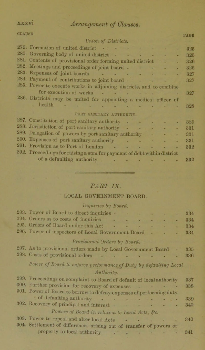 CLAUSE PAGE Union of Districts. 279. Formation of nnitod district 326 280. Governing body of united district 326 281. Contents of provisional order forming united district - - 326 282. Mootings and proceedings of joint board ----- 326 283. Expenses of joint boards 327 281. Payment of contributions to joint board - - . - 327 285. Power to execute works in adjoining districts, and to combine for execution of works 327 286. Districts may be united for appointing a medical officer of 1‘ealth 328 PORT SANITARY AUTHORITY. 287. Constitution of port sanitary authority 329 288. Junsdiction of port sanitary authority ----- 331 289. Delegation of powers by port sanitary authority - - - 331 290. Exjienses of port sanitary authority ----- 331 291. Provision as to Port of London 332 292. Proceedings for raising a sum for payment of debt within district of a defaulting authority 332 PART IX. LOCAL GOVEENMENT BOARD. Inquiries by Board. 293. Power of Board to direct inquiries ------ 334 294. Orders as to costs of inquiries 334 295. Orders of Board under this Act ------ 334 296. Power of inspectors of Local Government Board - - - 334 Provisional Orders by Board. 29/. As to proidsional orders made by Local Government Board - 335 298. Costs of provisional orders 336 Power of Board to enforce performance of Duty by defaulting Local Authority. 299. Proceedings on complaint to Board of default of local authority 337 300. Further provision for recovery of expenses - - - - 338 301. Power of Board to borrow to defray expenses of performing duty - of defaulting authority 339 302. Recovery of principal and interest 340 Powers of Board in relation to Local Acts, ^c. 303. Po-wer to repeal and alter local Acts 340 304. Settlement of differences arising out of transfer of powers or property to local authority 341