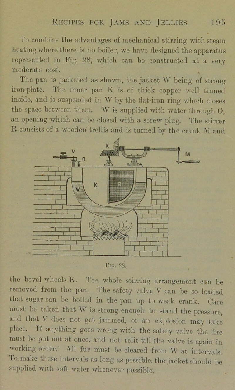 To combine the advantages of mechanical stirring Mnth steam heating where there is no hoiler, we have designed the apparatus represented in Fig. 28, -which can he constructed at a very moderate cost. Tlie pan is jacketed as shown, the jacket W being of strong iron-plate. The inner pan K is of thick copper well tinned inside, and is suspended in W by the Hat-iron ring which closes the space between them. W is supplied with water through 0, an opening which can bo closed with a screw plug. The stirrer R consists of a wooden trellis and is turned hy the crank i\I and the bevel wheels K. The whole stirring arrangement can be removed from the pan. The safety valve V can be so loaded that sugar can be boiled in the pan up to weak crank. Care, must be taken that W is strong enough to stand the pressure, and that \ does not get jammed, or an explosion may take place. If anything goes wrong with the safety valve tiie lire must be put out at once, and not relit till the valve is again in working order.' All fur must be cleared from W at inrervals. To make these intervals as long as po.ssible, the jacket should be supplied with soft water whenever possible.