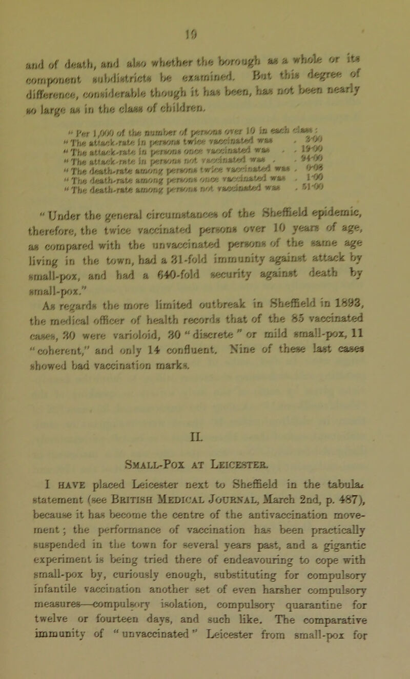 ana of death, and also whether the borough a* * or ltli component subdwtricU Us examin'd. U’Jt tbw degree of difference, comdderabfe though it has been, ha* not been nearly *0 large as in the class of children. « )'<;> | /JOO '/f the nUmtMST'A pCTWM Wf 19 1b W',j '• “ The fct'aek.raO: 1b [/rriv/r»» tww ya//.';rji.w! wju . 3'/J « The attack-rate to per*0»* ooee vaccinated waie , . 15r90 “'/he attack-fate In peraoaa wot Yw/xnairt »» - • *4'99 « The death-rate among pensow* twice vaccinated »»» . 4-Oj* “ Tba death-rate among pewopa once vaccinated wa> . 1 V) « The death-rate among j/-rv/n* not vaccinated to . 51 '90 “ Under the general cmmmnt&oce* of the Sheffield epidemic, therefore, the twice vaccinated person* over 10 year* of age, a» compared with the unvaccinated perioi** of the same age living in the town, bad a 31-fold immunity against attack by hmall-pox, and had a 640-fold security against death by small-pox. A* regards the more limited outbreak in Sheffield in 1893, the medical officer of health records that of the 85 vaccinated cases, 30 were varioloid, 30 “ discrete ” or mild small-pox, 11 “ coherent, and only 14 confluent. Nine of these last cases showed bad vaccination marks. IL Small-Pox at Leicester. I have placed Leicester next to Sheffield in the tabula* statement (see British Medical Journal, March 2nd, p. 487), because it has become the centre of the antivaccination move- ment ; the performance of vaccination has been practically suspended in the town for several years past, and a gigantic experiment is being tried there of endeavouring to cope with small-pox by, curiously enough, substituting for compulsory infantile vaccination another set of even harsher compulsory measures—compulsory isolation, compulsory quarantine for twelve or fourteen days, and such like. The comparative immunity of “ unvaccinated’’ Leicester from small-pox for