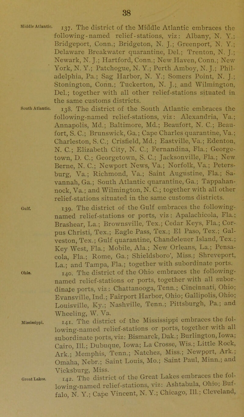 Middle Atlantic. South Atlantic. Gulf. Ohls. Mississippi, Great Lakes. 137. The district of the Middle Atlantic embraces the following-named relief-stations, viz: Alban)’', N. Y.; Bridgeport, Conn.; Bridgeton, N. J.; Greenport, N. Y.; Delaware Breakwater quarantine, Del.; Trenton, N. J.; Newark, N. J.; Hartford, Conn.; New Haven, Conn.; New York, N. Y.; Patchogue, N. Y.; Perth Amboy, N. J.; Phil- adelphia, Pa.; Sag Harbor, N. Y.; vSomers Point, N. J.; Stonington, Conn.; Tuckerton, N. J.; and Wilmington, Del.; together with all other relief-stations situated in the same customs districts. 138. The district of the South Atlantic embraces the following-named relief-stations, viz: Alexandria, Va.; Annapolis, Md.; Baltimore, Md.; Beaufort, N. C.; Beau- fort, S. C.; Brunswick, Ga.; Cape Charles quarantine, Va.; Charleston, vS. C.; Crisfield, Md.; Eastville, Va.; Edenton, N. C.; Elizabeth City, N. C.; Fernandina, Fla.; George- town, D. C.; Georgetown, S. C.; Jacksonville, Fla.; New Berne, N. C.; Newport News, A^a.; Norfolk, Va.; Peters- burg, Va.; Richmond, Va.; Saint Augustine, Fla.; Sa- vannah, Ga.; South Atlantic quarantine, Ga.; Tappahan- nock, Va.; and Wilmington, N. C.; together with all other relief-stations situated in the same customs districts. 139. The district of the Gulf embraces the following- named relief-stations or ports, viz: Apalachicola, Fla.; Brashear, La.; Brownsville, Tex.; Cedar Keys, Fla.; Cor- pus Christi, Tex.; Eagle Pass, Tex.; El Paso, Tex.; Gal- veston, Tex.; Gulf quarantine, Chandeleuer Island, Tex.; Key AVest, Fla.; Mobile, Ala.; New Orleans, La.; Pensa- cola, Fla.; Rome, Ga.; Shieldsboro’, Miss.; Shreveport, La.; and Tampa, Fla.; together with subordinate ports. 140. The district of the Ohio embraces the following- named relief-stations or ports, together with all subor- dinate ports, viz: Chattanooga, Tenn.; Cincinnati, Ohio; Evansville, Ind.; Fairport Harbor, Ohio; Gallipolis, Ohio; Louisville, Ky.; Nashville, Tenn.; Pittsburgh, Pa.; and AVheeling, W. A'^a. 141. The district of the Mississippi embraces the fol- lowing-named relief-stations or ports, together with all subordinate ports, viz: Bismarck, Dak.; Burlington, Iowa; Cairo, 111.; Dtibuque, Iowa; La Crosse, Wis.; Little Rock, Ark.; Memphis, Tenn.; Natchez, Miss.; Newpprt, Ark.; Omaha, Nebr.; Saint Louis, Mo.; Saint Paul, Minn.; and Vicksburg, Miss. 142. The district of the Great Lakes embraces the fol- lowing-named relief-stations, viz: Ashtabula, Ohio; Buf- falo, N. Y.; Cape Vincent, N. Y.; Chicago, 111.; Cleveland,