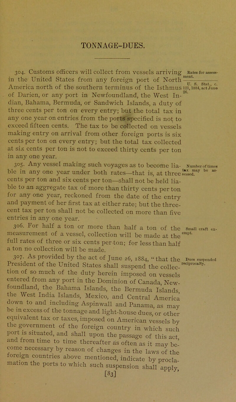 304. Customs officers will collect from vessels arriving Entes for ubboss- in the United States from any foreign port of North — A—— America north of the southern terminus of the Isthmus 121, ibs'j, act j’uuo 26 of Darien, or any port in Newfoundland, the West In- dian, Bahama, Bermuda, or Sandwich Islands, a dut)’- of three cents per ton on every entry; but the total tax in any one year on entries from the ports specified is not to exceed fifteen cents. The tax to be collected on vessels making entry on arrival from other foreign ports is six cents per ton on every entry; but the total tax collected at six cents per ton is not to exceed thirty cents per ton in any one year. 305. Any vessel making such voyages as to beeome lia- Numberi.ftimus ble in any one year under both rates—that is, at three Bc^Bcd.’^ cents per ton and six cents per ton—shall not be held lia- ble to an aggregate tax of more than thirty eents per ton for any one year, reckoned from the date of the entry and payment of her first tax at either rate; but the three- cent tax per ton shall not be collected on more than five entries in any one year. 306. For half a ton or more than half a ton of the smaii craft «.x- measurement of a vessel, colleetion will be made at the full rates of three or six cents per ton; for less than half a ton no collection will be made. 307. As provided by the act of June 26, 1884, “that the Dues Biispoiidfd President of the United States shall suspend the collee- tion of so much of the duty herein imposed on vessels entered from any port in the Dominion of Canada, New- foundland, the Bahama Islands, the Bermuda Islands the West India Islands, Mexico, and Central America down to and including Aspinwall and Panama, as may be m excess of the tonnage and light-house dues, or other equivalent tax or taxes, imposed on Ameriean vessels by the government of the foreign country in which such port IS situated, and shall upon the passage of this act and from time to time thereafter as often as it may be’ come necessary by reason of changes in the laws of the foreign countries above mentioned, indicate by proela- mation the ports to which such suspension shall apply [83]