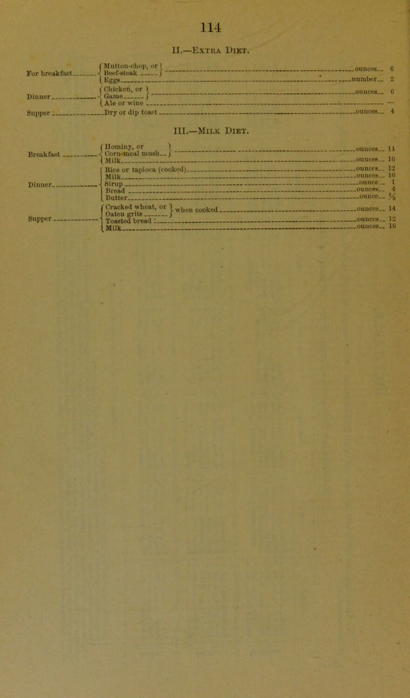 II.—Extra Diet. f Mutton-cbop, or) For breakfast -< BBof^^tcak J ' (Kggs... ( Oliickon, or ) Dinner i Gan*® i I.AI0 or wine Supper • Dry or dip toast — ounce*.. 0 number.. 2 ounces.. C ounce*.. 4 III.—Milk Diet. fllominy, or \ Corn-moal nmsb.- j [ Milk 1 ■ Rice or tapioca (cooked) Milk — Butter — ounce.. Supper ' Cracked wheat, or ' when cooked ounces,. ...........1 ounces. Mlik ounces.. 14 12 It!