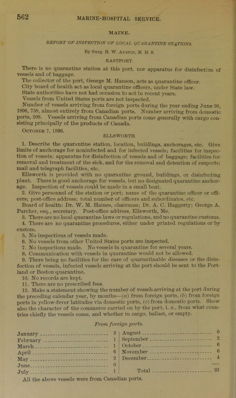 MAINE. REPORT OF INSPECTION OF LOCAL QUARANTINE STATIONS. By Surg. H. W. Austin, M. H. S. EASTPORT. There is no quarantine station at this port, nor apparatus for disinfection of vessels and of baggage. The collector of the port, George M. Hanson, acts as quarantine officer. City board of health act as local quarantine officers, under State law. State authorities have not had occasion to act in recent years. Vessels from United States ports are not inspected. Number of vessels arriving from foreign ports during the year ending June 30, 1896, 758, almost entirely from Canadian ports. Number arriving from domestic ports, 208. Vessels arriving from Canadian ports come generally with cargo con- sisting principally of the products of Canada. October 7, 1896. ELLSWORTH. 1. Describe the quarantine station, location, buildings, anchorages, etc. Give limits of anchorage for noninfected and for infected vessels; facilities for inspec- tion of vessels; apparatus for disinfection of vessels and of baggage; facilities for removal and treatment of the sick, and for the removal and detention of suspects; mail and telegraph facilities, etc. Ellsworth is provided with no quarantine ground, buildings, or disinfecting plant. There is good anchorage for vessels, but no designated quarantine anchor- age. Inspection of vessels could be made in a small boat. 2. Give personnel of the station or port; name of the quarantine officer or offi- cers; post-office address; total number of officers and subordinates, etc. Board of health: Dr. W. M. Haines, chairman; Dr. A. C. Haggerty; George A. Parcher, esq., secretary. Post-office address, Ellsworth, Me. 3. There are no local quarantine laws or regulations, and no quarantine customs. 4. There are no quarantine procedures, either under printed regulations or by custom. 5. No inspections of vessels made. 6. No vessels from other United States ports are inspected. 7. No inspections made. No vessels in quarantine for several years. 8. Communication with vessels in quarantine would not be allowed. 9. There being no facilities for the care of quarantinable diseases or the disin- fection of vessels, infected vessels arriving at the port should be sent to the Port- land or Boston quarantine. 10. No records are kept. 11. There are no prescribed fees. 12. Make a statement showing the number of vessels arriving at the port during the preceding calendar year, by months—(a) from foreign ports, (b) from foreign ports in yellow-fever latitudes via domestic ports, (c) from domestic ports. Show also the character of the commerce carried on by the port, i. e., from what coun- tries chiefly the vessels come, and whether in cargo, ballast, or empty. From foreign ports. January 3 February 1 March 1 April G May - 2 June 0 July..... 1 All the above vessels were from Canadian ports. August 9 September 2 October 6 November - 6 December 4: Total 32