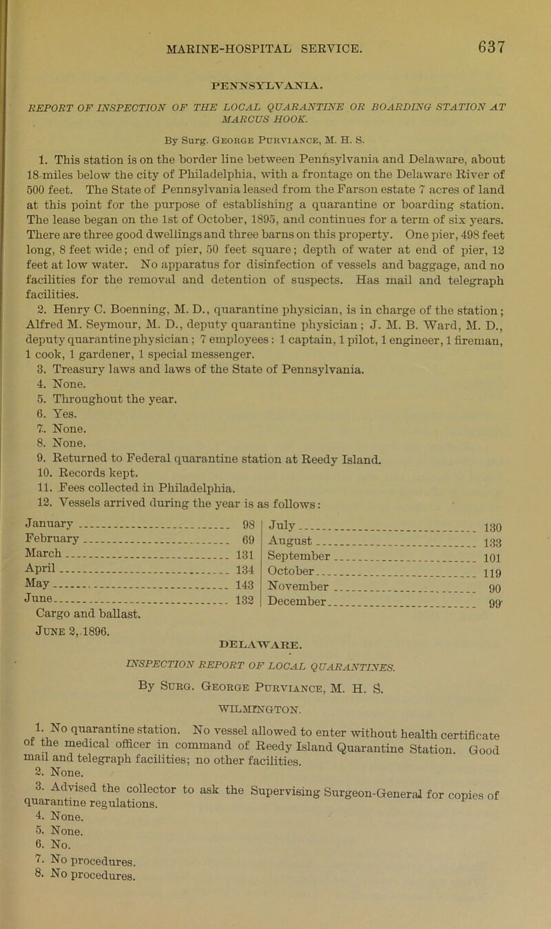 PENNSYLVANIA. REPORT OF INSPECTION OF TEE LOCAL QUARANTINE OR BOARDING STATION AT MARCUS HOOK. By Surg. George Purviance, M. H. S. 1. This station is on the border line between Penhsylvania and Delaware, about 18-miles below the city of Philadelphia, with a frontage on the Delaware River of 500 feet. The State of Pennsylvania leased from the Farson estate 7 acres of land at this point for the purpose of establishing a quarantine or boarding station. The lease began on the 1st of October, 1895, and continues for a term of six years. There are three good dwellings and three barns on this property. One pier, 498 feet long, 8 feet wide; end of pier, 50 feet square; depth of -water at end of pier, 12 feet at low water. No apparatus for disinfection of vessels and baggage, and no facilities for the removal and detention of suspects. Has mail and telegraph facilities. 2. Henry C. Boenning, M. D., quarantine physician, is in charge of the station; Alfred M. Seymour, M. D., deputy quarantine physician; J. M. B. Ward, M. D., deputy quarantine physician; 7 employees: 1 captain, 1 pilot, 1 engineer, 1 fireman, 1 cook, 1 gardener, 1 special messenger. 3. Treasury laws and laws of the State of Pennsylvania. 4. None. 5. Throughout the year. 6. Yes. 7. None. 8. None. 9. Returned to Federal quarantine station at Reedy Island. 10. Records kept. 11. Fees collected in Philadelphia. 12. Vessels arrived during the year is as follows: January 98 February 69 March 131 April .134 May 143 June 133 Cargo and ballast. June 2,.1896. DELAWARE. INSPECTION REPORT OF LOCAL QUARANTINES. By Surg. George Purviance, M. H. S. ■WILMINGTON. 1. No quarantine station. No vessel allowed to enter without health certificate of the medical officer in command of Reedy Island Quarantine Station. Good mail and telegraph facilities; no other facilities. 2. None. 3. Advised the collector to ask the Supervising Surgeon-General for copies of quarantine regulations. 4. None. 5. None. 6. No. 7. No procedures. 8. No procedures. July 130 August 133 September ioi October 119 November 90 December qq-