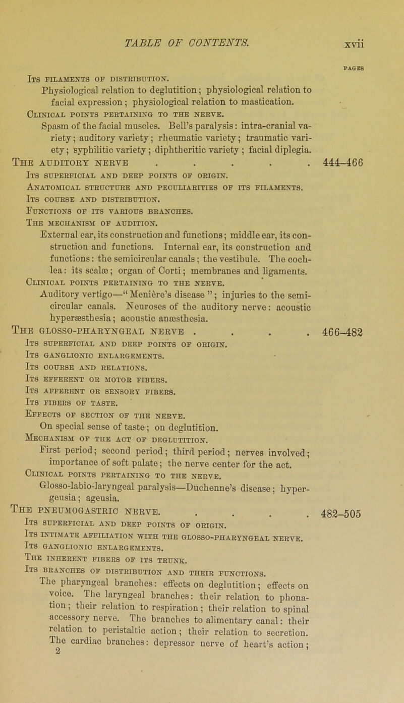 Its filaments of distribution. Physiological relation to deglutition; physiological relation to facial expression; physiological relation to mastication. Clinical points pertaining to the nerve. Spasm of the facial muscles. Bell’s paralysis: intra-cranial va- riety ; auditory variety; rheumatic variety; traumatic vari- ety; syphilitic variety; diphtheritic variety ; facial diplegia. The auditory nerve ..... Its superficial and deep points of origin. Anatomical structure and peculiarities of its filaments. Its course and distribution. Functions of its various branches. The mechanism of audition. External ear, its construction and functions; middle ear, its con- struction and functions. Internal ear, its construction and functions: the semicircular canals; the vestibule. The coch- lea : its scalee; organ of Oorti; membranes and ligaments. Clinical points pertaining to the nerve. Auditory vertigo—“ Meniere’s disease ”; injuries to the semi- circular canals. Neuroses of the auditory nerve: acoustic hypenesthesia; acoustic anaasthesia. The glosso-pharyngeal nerve .... Its superficial and deep points of origin. Its ganglionic enlargements. Its course and relations. Its efferent or motor fibers. Its afferent or sensory fibers. Its fibers of taste. Effects of section of the nerve. On special sense of taste; on deglutition. Mechanism of the act of deglutition. First period; second period; third period ; nerves involved; importance of soft palate; the nerve center for the act. Clinical points pertaining to the nerve. Glosso-labio-laryngeal paralysis—Duchenne’s disease; byper- geusia; ageusia. The pneumogastric nerve. Its superficial and deep points of origin. Its intimate affiliation with the glosso-pharyngeal nerve. Its ganglionic enlargements. The inherent fibers of its trunk. Its branches of distribution and their functions. The pharyngeal branches: effects on deglutition; effects on voice. The laryngeal branches: their relation to phona- tion ; their relation to respiration; their relation to spinal accessory nerve. The branches to alimentary canal: their relation to peristaltic action ; their relation to secretion. The cardiac branches: depressor nerve of heart’s action; 2 PAGES 444-466 466-482 482-505