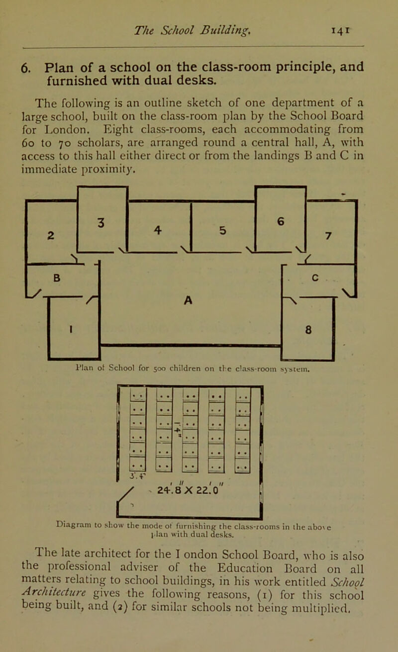 6. Plan of a school on the class-room principle, and furnished with dual desks. The following is an outline sketch of one department of a large school, built on the class-room plan by the School Board for London. Eight class-rooms, each accommodating from 60 to 70 scholars, are arranged round a central hall. A, with access to this hall either direct or from the landings B and C in immediate proximity. The late architect for the I ondon School Board, who is also the professional adviser of the Education Board on all matters relating to school buildings, in his work entitled School ArchiiecUtre gives the following reasons, (i) for this school being built, and (2) for similar schools not being multiplied.