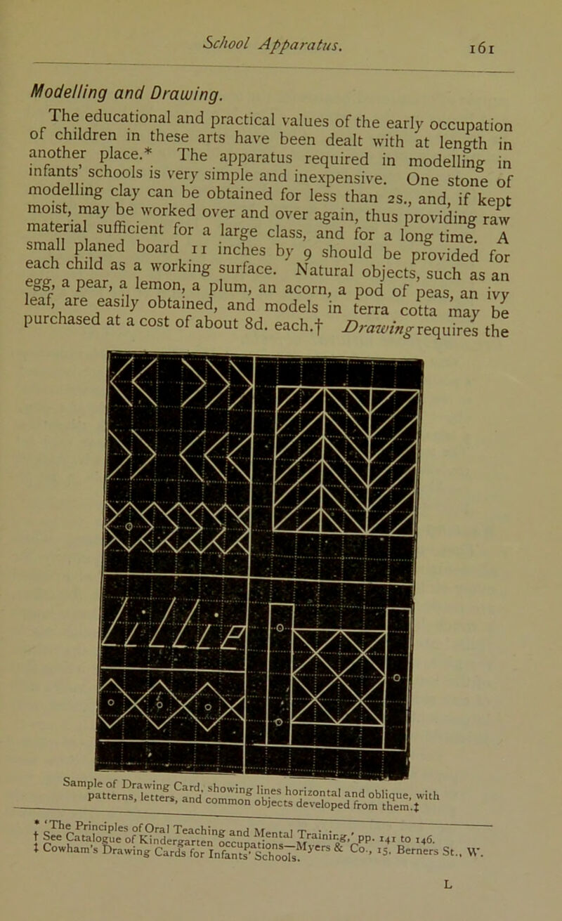 Modelling and Drawing. The educational and practical values of the early occupation of children m these arts have been dealt with at length in another place.* The apparatus required in modelling in infants schools is very simple and ine.xpensive. One stone of modelling clay can be obtained for less than 2s., and. if kent providing raw materia sufficient for a large class, and for a long timi A ^ 9 should be provided for each child as a working surface. Natural objects, such as an egg, a pear, a lernon, a plum, an acorn, a pod of peas, an ivy leaf, are easily obtained, and models in terra cotta may be purchased at a cost of about 8d. each.f 2?W«^requ?rS the t* S« MX to .46. t Cowham s Drawing Cards for Infant^' Schook^*^''^^ * ' St., W. L