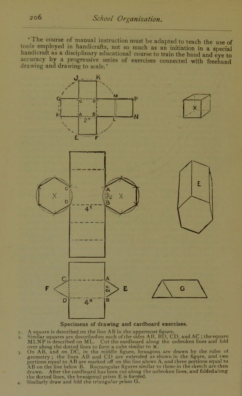 ‘ The course of manual instruction must be adapted to teach the use of tools employed in handicrafts, not so much as an initiation in a special handicraft as a disciplinary educational course to train the hand and eye to accuracy by a progressive series of exercises connected with freehand drawing and drawing to scale.’ 1. A sguAre is described on the line AB in the uppermost fiifure. 2. Similar squares are describedon each of the sides AB, I3D, CD, and AC ; the square MLNP is described on NfL. Cut the cardboard alonj^ the unbroken lines and fold over alon^ the dotted lines to form a cube similar to X. 3. On AB, and on DC, in the middle figure, hexagons are drawn by the rules of geometry ; the lines AB and CD are extended as shown in the figure, and two portions equal to AB are marked off on the line above A, and three portions equal to AB on the line below B. Rectangular figures similar to those in the sketch are then drawn. After the cardboard has been cut along the unbroken lines, and foldedalong the dotted lines, the hexagonal prism E is formed. 4. Similarly draw and fold the triangular prism G.