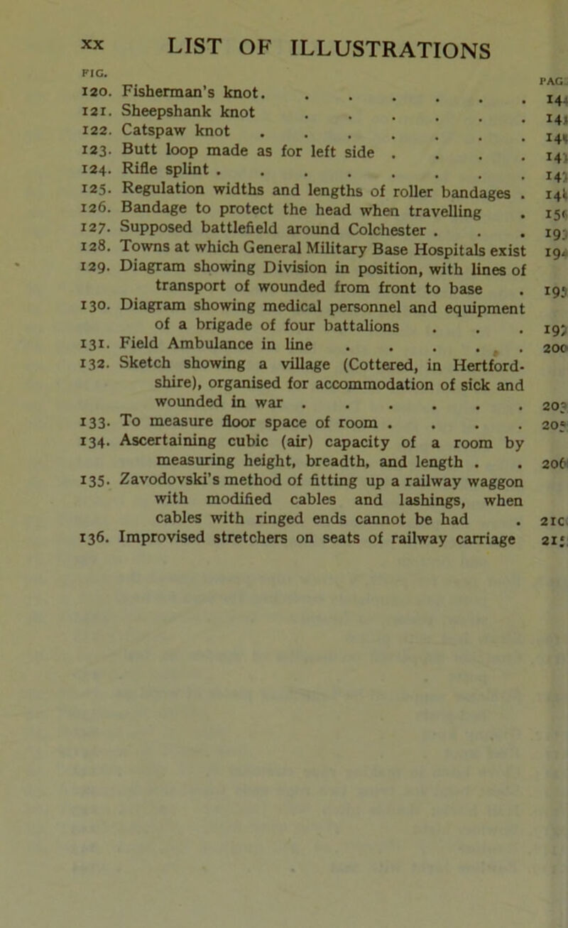 PIC. 120. Fisherman’s knot. ...... 121. Sheepshank knot ...... 122. Catspaw knot ....... 123. Butt loop made as for left side . . . . 124. Rifle splint 125. Regulation widths and lengths of roller bandages . 126. Bandage to protect the head when travelling . 127. Supposed battlefield around Colchester . 128. Towns at which General Military Base Hospitals exist 129. Diagram showing Division in position, with lines of transport of wounded from front to base 130. Diagram showing medical personnel and equipment of a brigade of four battalions 131. Field Ambulance in line . . . ■ , . 132. Sketch showing a village (Cottered, in Hertford- shire), organised for accommodation of sick and wounded in war ...... 133. To measure floor space of room .... 134. Ascertaining cubic (air) capacity of a room by measuring height, breadth, and length , 135. Zavodovski’s method of fitting up a railway waggon with modified cables and lashings, when cables with ringed ends cannot be had 136. Improvised stretchers on seats of railway carriage