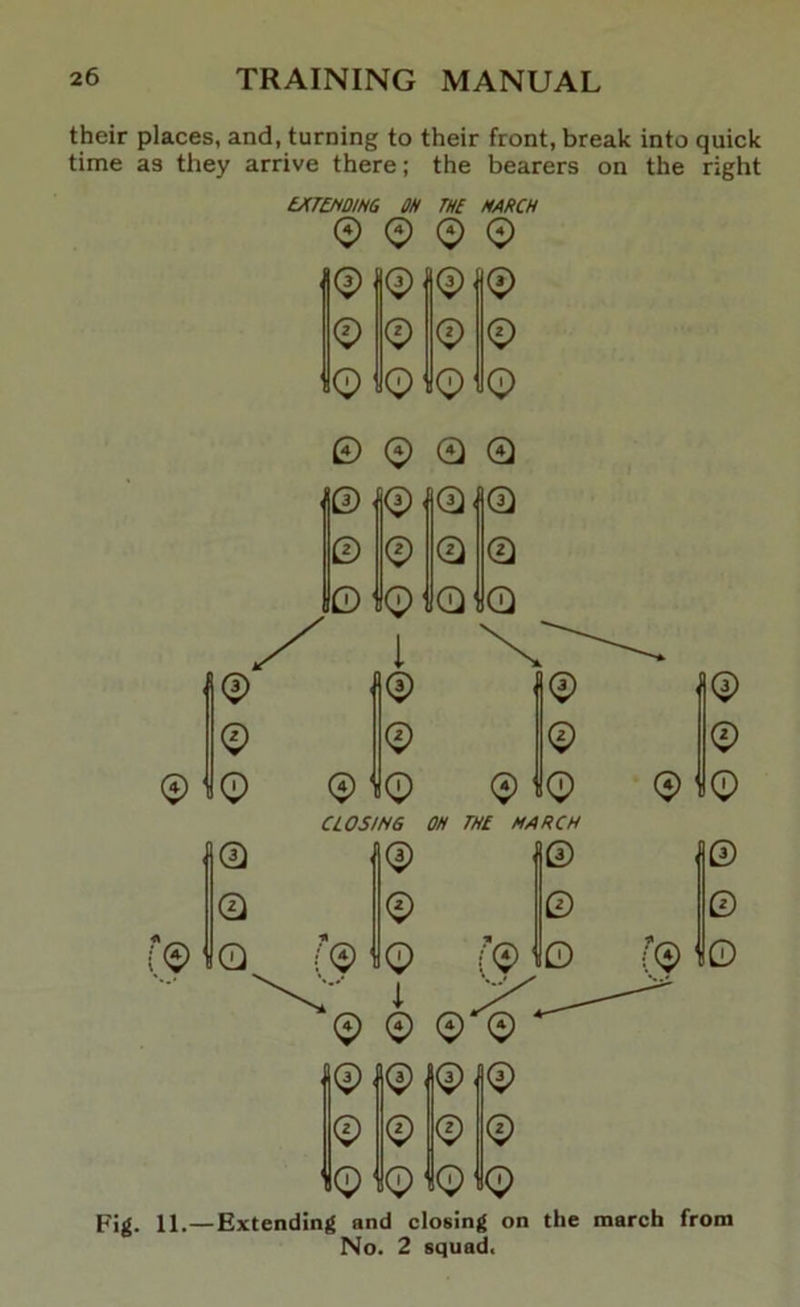 their places, and, turning to their front, break into quick time as they arrive there; the bearers on the right tAT£HDIN6 OH TH( MARCH ^ (i) (4) Q 0 0 0 0 0 0 IqI 0 ol Q 0 0 ©1 0 0. © 0 0 ©' 0' 0- 1 0 0 0 0 0 0' 0 0 0 0 C10S/N6 OH m MARCH © 0, 0 ( 0' 0 0 0 0' 0l qI 0 0 0 0 Fig. 11.—Extending and closing on the march from No. 2 squad.