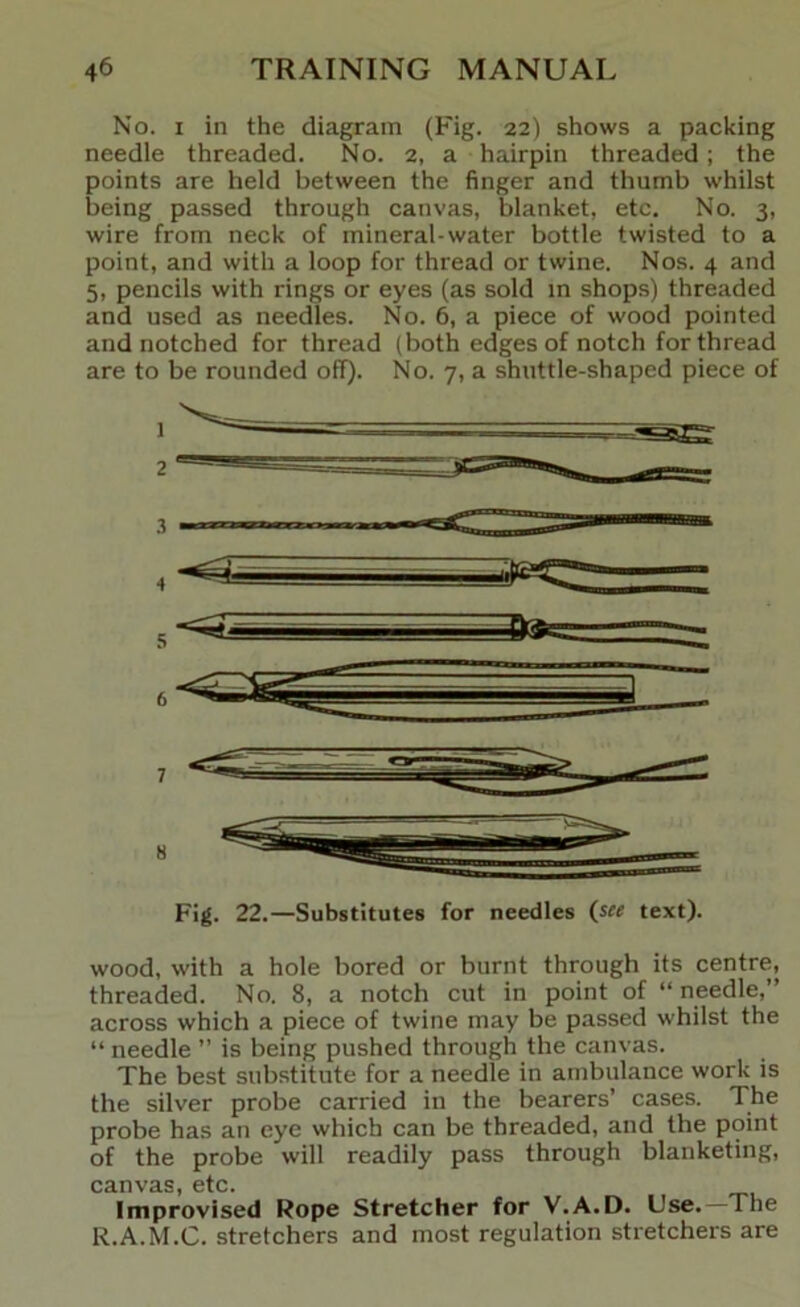 No. I in the diagram (Fig. 22) shows a packing needle threaded. No. 2, a hairpin threaded; the points are held between the finger and thumb whilst being passed through canvas, blanket, etc. No. 3, wire from neck of mineral-water bottle twisted to a point, and with a loop for thread or twine. Nos. 4 and 5, pencils with rings or eyes (as sold in shops) threaded and used as needles. No. 6, a piece of wood pointed and notched for thread (both edges of notch for thread are to be rounded off). No. 7, a shuttle-shaped piece of Fig. 22.—Substitutes for needles (s« text). wood, with a hole bored or burnt through its centre, threaded. No. 8, a notch cut in point of “ needle,” across which a piece of twine may be passed whilst the “ needle ” is being pushed through the canvas. The best substitute for a needle in ambulance work is the silver probe carried in the bearers’ cases. The probe has an eye which can be threaded, and the point of the probe will readily pass through blanketing, canvas, etc. Improvised Rope Stretcher for V.A.D. Use.—The R.A.M.C. stretchers and most regulation stretchers are