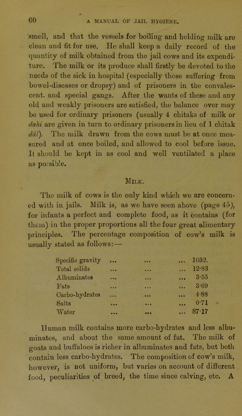 CO smell, and that the vessels for boiling and holding milk are clean and fit for use. He shall keep a daily record of the quantity of milk obtained from the jail cows and its expendi- ture. The milk or its produce shall firstly be devoted to the needs of the sick in hospital (especially those suffering from bowel-diseases or dropsy) and of prisoners in the convales- cent. and special gangs. After the wants of these and any old and weakly ijrisoners are satisfied, the balance over may bo used for ordinary prisoners (usually 4 chitaks of milk or dahi are given in turn to ordinary prisoners in lieu of 1 chitak dal\ The milk drawn from the cows must be at once mea- sured and at once boiled, and allowed to cool before issue. It should be kept in as cool and well ventilated a place as possible. Milk. The milk of cows is the only kind which we are concern- ed with in jails. Milk is, as we have seen above (page 45), for infants a perfect and complete food, as it contains (for them) in the proper proportions all the four great alimentary principles. The percentage composition of cow’s milk is usually stated as follows:— Specific gravity • • • ... 1032. Total solids « • • ... 12-83 Albuminates • • • ... 3-55 Fats • • ... 3-69 Carbo-hydrates • • • ... 4-88 Salts ... 0-71 • Water • • • ... 87-17 Human milk contains more carbo-hydrates and less albu- minates, and about the same amount of fat. The milk of goats and buffaloes is richer in albuminates and fats, but both contain less carbo-hydrates. The composition of cow’s milk, however, is not uniform, but varies on account of different food, peculiarities of breed, the time since calving, etc. A