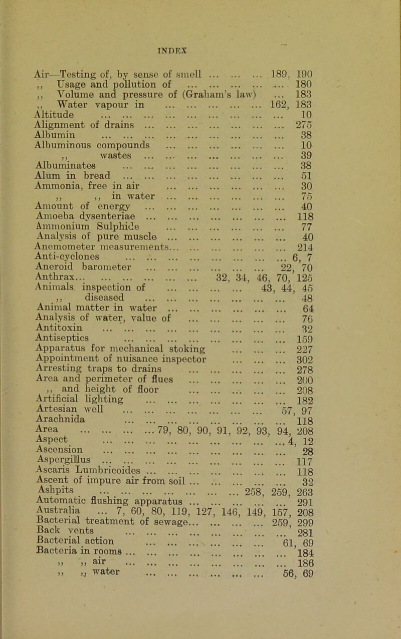 Air—Testing of, by sense of smell „ Usage and pollution of ,, Volume and pressure of (Graham’s law) ,, Water vapour in Altitude Alignment of drains ... Albumin Albuminous compounds ,, wastes Albuminates Alum in bread Ammonia, free in air ,, ,, in water Amount of energy Amoeba dysenteriae ... Ammonium Sulphide Analysis of pure muscle Anemometer measurements Anti-cyclones Aneroid barometer Anthrax Animals inspection of ,, diseased Animal matter in water Analysis of water, value o Antitoxin Antiseptics Apparatus for mechanical stoking Appointment of nuisance inspector Arresting traps to drains Area and perimeter of flues ,, and height of floor Artificial lighting 189, 190 ... 180 ... 183 162, 183 10 275 38 10 39 38 51 30 75 40 118 77 40 214 6, 7 22, 70 34, 46, 70, 125 43, 44, 45 48 64 76 32 159 227 302 278 200 208 182 57, 97 118 79, 80, 90, 91. 92, 93, 94, 208 4, 12 32, Artesian well Arachnida Area Aspect Ascension Aspergillus Ascaris Lumbricoides Ascent of impure air from soil Ashpits Automatic flushing apparatus Australia ... 7, 60, 80, 119, 127, 146, 149, Bacterial treatment of sewage Back vents Bacterial action ’ Bacteria in rooms ’ ,, ,, air ,, water 28 117 118 32 258, 259, 263 291 208 299 .' 281 61, 69 . 184 . 186 56, 69 157, 259,