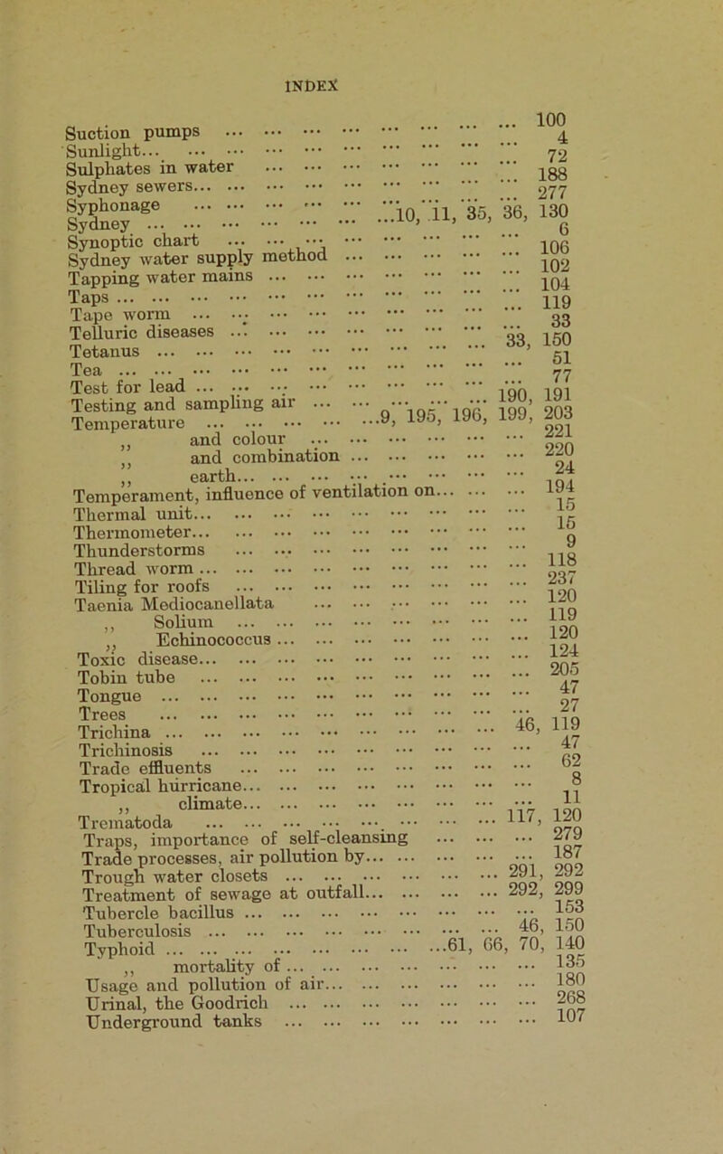 ,.9, 195 Suction pumps Sunlight... Sulphates in water Sydney sewers Syphonage Sydney Synoptic chart • • • Sydney water supply method Tapping water mains Taps Tape worm ; Telluric diseases ..1 Tetanus Tea Test for lead ... ... ••• Testing and sampling air ... Temperature ,, and colour ,, and combination „ earth ••• _••• Temperament, influence of ventilation on Thermal unit Thermometer Thunderstorms Thread worm Tiling for roofs Taenia Mediocanellata ••• ,, Solium ,, Echinococcus Toxic disease Tobin tube Tongue Trees Trichina Trichinosis Trade effluents Tropical hurricane ,, climate Trematoda Traps, importance of self-cleansing Trade processes, air pollution by Trough water closets Treatment of sewage at outfall... . Tubercle bacillus Tuberculosis Typhoid ,, mortality of ... _ Usage and pollution of air Urinal, the Goodrich Underground tanks ... 100 4 ... 72 ... 188 ... 277 ...10, 11, 35, 36, 130 6 19 61, ... 106 ... 102 ... 104 ... 119 ... 33 33, 150 ... 51 ... 77 190, 191 199, 203 ... 221 ... 220 ... 24 ... 194 ... 15 ... 15 9 ... 118 ... 237 ... 120 ... 119 ... 120 ... 124 ... 205 ... 47 ... 27 46, 119 ... 47 ... 62 8 ... 11 117, 120 ... 279 ... 187 291, 292 292, 299 ... 153 46, 150 66, 70, 140 ... 135 ... 180 ... 268 ... 107