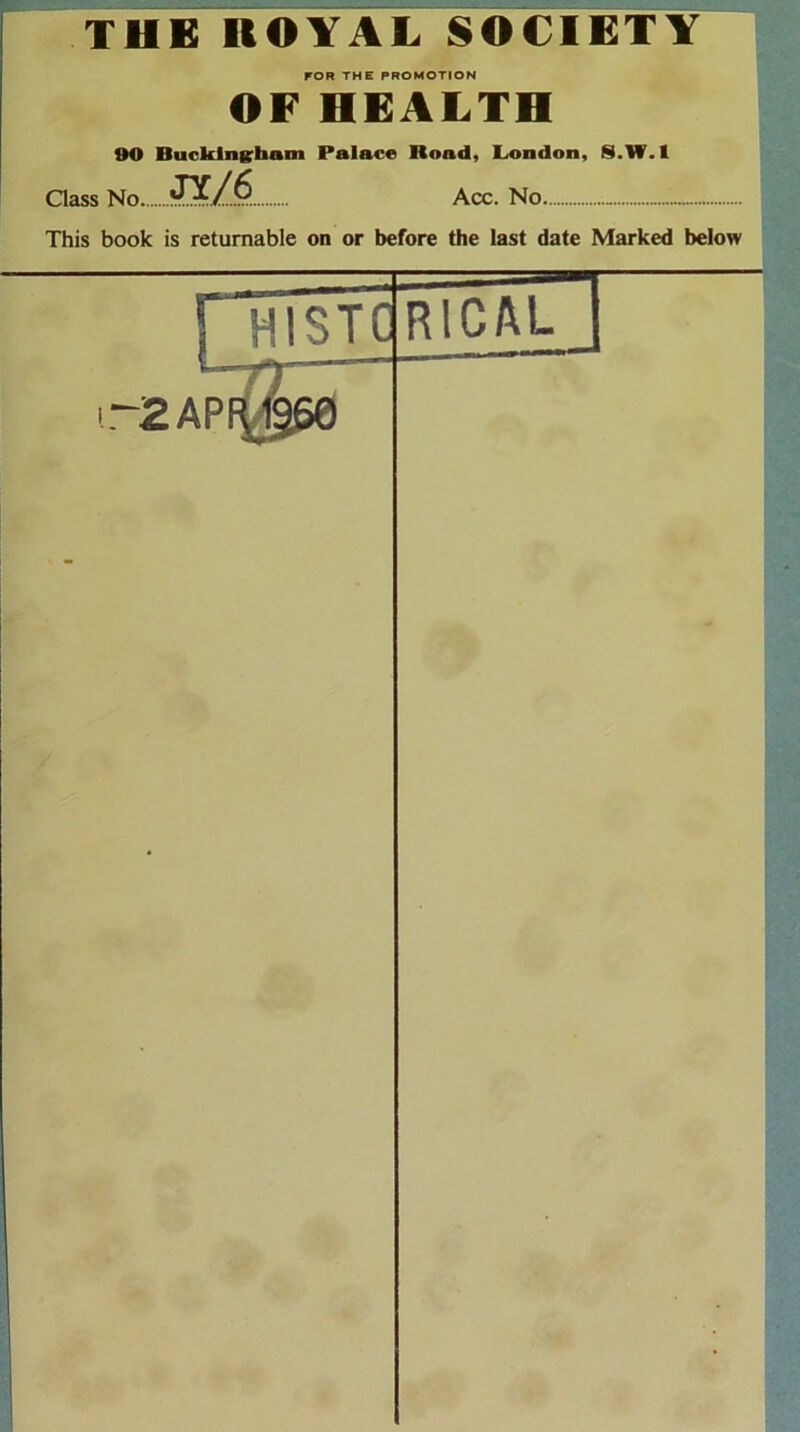 rOR THE PROMOTION OF HEALTH 90 Buckingham Palace Road, London, S.W.I Class No.. Acc. No This book is returnable on or before the last date Marked below