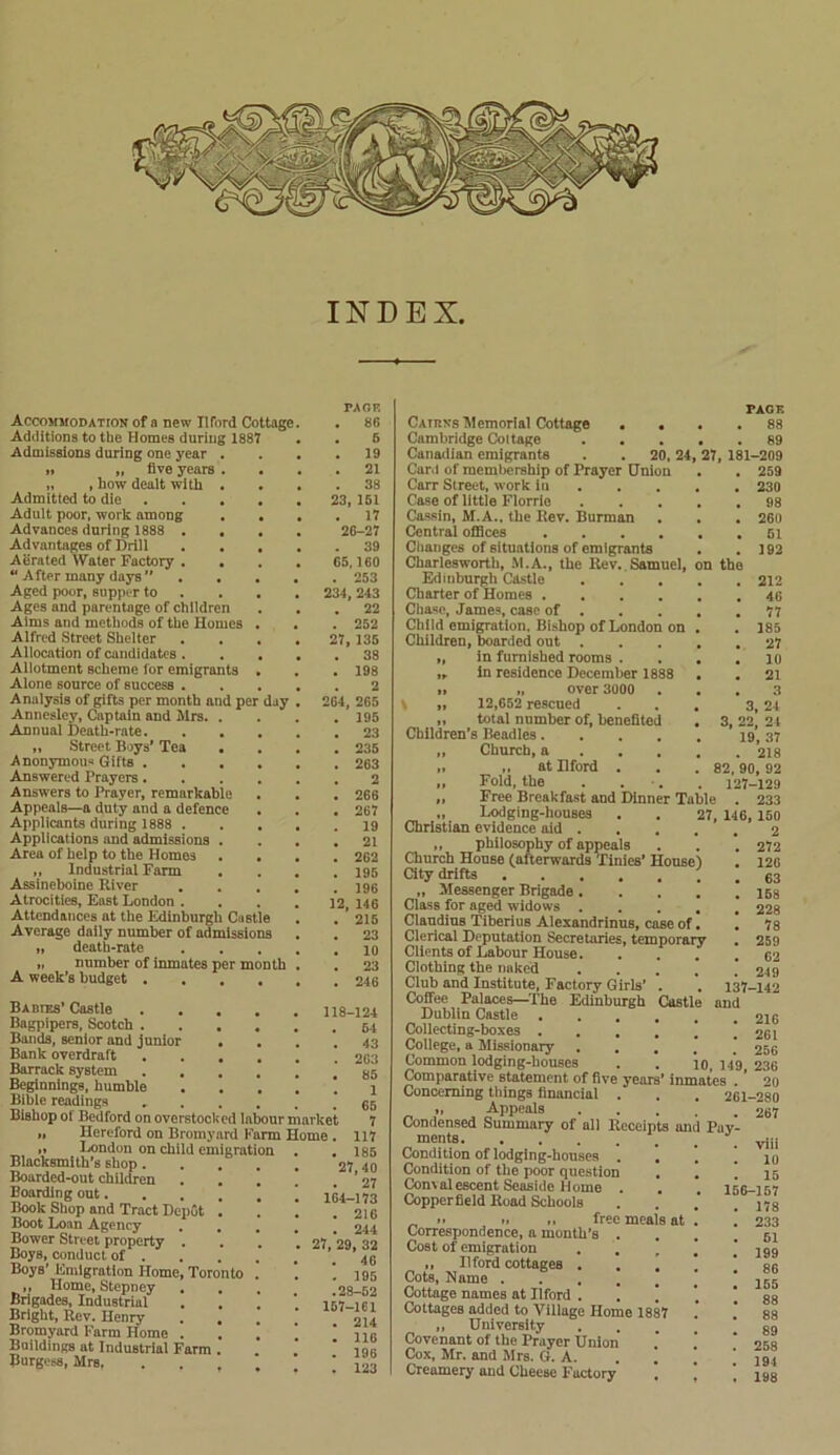 INDEX, PACK Accommodation of a new Ilford Cottage. . 86 Additions to the Homes during 1881 . . S Admissions during one year . . . .19 „ „ five years .... 21 „ , how dealt with . . . .38 Admitted to die 23, 161 Adult poor, work among .... 17 Advances during 1888 .... 26-27 Advantages of Drill 39 Aerated Water Factory .... 65,160 “ After many days ’’ 253 Aged poor, supper to ... 234, 243 Ages and pnrcntage of children ... 22 Alms and methods of the Homes . . . 252 Alfred Street Shelter .... 27, 135 Allocation of candidates 38 Allotment scheme for emigrants . . . 198 Alone source of success 2 Analysis of gifts per month and per day . 264, 265 Annesley, Captain and Mrs 195 Annual Death-rate 23 „ Street Boys’ Tea . . . .235 Anonymous Gifts 263 Answered Prayers Answers to Prayer, remarkable . . . 266 Appeals—a duty and a defence . . . 267 Applicants during 1888 19 Applications and admissions .... 21 Area of help to the Homes .... 262 „ Industrial Farm . . . .195 Assineboine River 196 Atrocities, East London. . . . 12, 146 Attendances at the Edinburgh Castle . . ’ 215 Average daily number of admissions . . 23 „ death-rate X0 „ number of inmates per month . . 23 A week’s budget 246 Babies’Castle 11 Bagpipers, Scotch . Bands, senior and junior . Bank overdraft . . . Barrack system . , Beginnings, humble Bible readings ..... Bishop of Bedford on overstocked labour marke „ Hereford on Bromyard Farm Home „ London on child emigration Blacksmith's shop. . . Boarded-out children Boarding out.... Book Shop and Tract Depot . Boot Loan Agency Bower Street property . . . .27 Boys, conduct of . Boys’ Emigration Home, Toronto ,, Home, Stepney Brigades, Industrial .... 157. Bright, Rev. Henry . . Bromyard Farm Home . Buildings at Industrial Farm . Burgess, Mrs. 8-124 54 43 263 85 1 65 7 117 185 27,40 27 4-173 216 244 29, 32 46 195 28-52 ’-161 214 116 196 123 PAGE CArexs Memorial Cottage .... 88 Cambridge Coltage 89 Canadian emigrants . . 20, 24, 27, 181-209 Card of membership of Prayer Union . . 259 Carr Street, work in 230 Case of little Florrie 98 Casein, M.A., the Rev. Burman . . . 260 Central offices 51 Changes of situations of emigrants . .192 Charlesworth, M.A., the Rev. Samuel, on the Edinburgh Castle 212 Charter of Homes 46 Chase, James, case of 77 Child emigration. Bishop of London on . . 185 Children, boarded out 27 „ in furnished rooms .... 10 „ in residence December 1888 . . 21 „ „ over 3000 ... 3 V „ 12,652 rescued ... 3, 24 „ total number of, benefited . 3, 22, 24 Children’s Beadles 19, 37 „ Church, a 218 „ at Hford . . . 82,90, 92 „ Fold,the . . . . 127-129 ,, Free Breakfast and Dinner Table . 233 „ Lodging-houses . . 27, 146, 150 Christian evidence aid 2 „ philosophy of appeals . . . 272 Church House (afterwards Times’ House) . 126 City drifts . 63 „ Messenger Brigade Class for aged widows 228 Claudius Tiberius Alesandrinus, case of. . 78 Clerical Deputation Secretaries, temporary . 259 Clients of Labour House 62 Clothing the naked . . . . ! 219 Club and Institute, Factory Girls’ . . 137-142 Coffee Palaces—The Edinburgh Castle and Dublin Castle 216 Collecting-boxes . . . . ] ! 261 College, a Missionary 256 Common lodging-houses . . 10, 149 236 Comparative statement of five years’ inmates . * 20 Concerning things financial . . . 261-280 „ Appeals ..... 267 Condensed Summary of all Receipts and Pay- ments viii Condition of lodging-houses .... 10 Condition of the poor question . . ! 15 Convalescent Seaside Home . . . 156-157 Copper field Road Schools . . .178 _ >■ , » ,, free meals at . . 233 Correspondence, a month’s . . . . 61 Cost of emigration . . ’ 299 „ Ilford cottages '. 86 Cots, Name ••••.., 155 Cottage names at Ilford . . . ! 88 Cottages added to Village Home 1887 . * 8g „ University .... 8g Covenant of the Prayer Union . ‘ Cox, Mr. and Mrs. G. A. . . . * 294 Creamery and Cheese Factory , , ,198