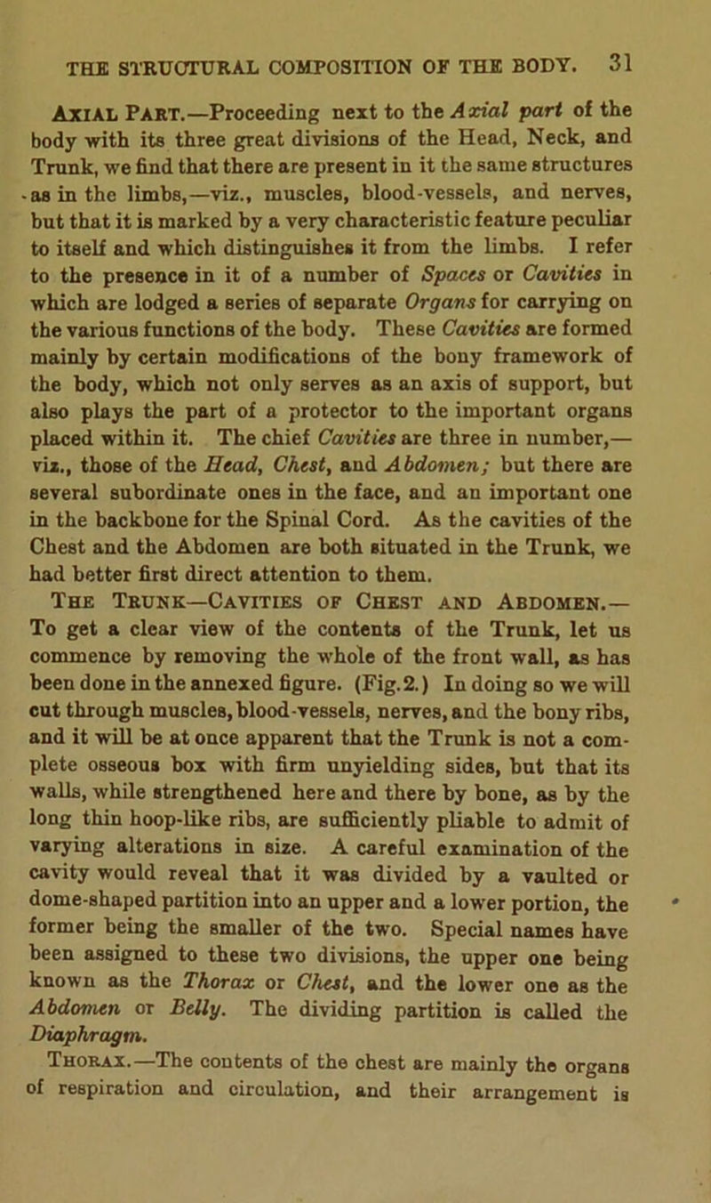 Axial Part.—Proceeding next to the Axial part of the body with its three great divisions of the Head, Neck, and Trunk, we find that there are present in it the same structures -as in the limbs,—viz., muscles, blood-vessels, and nerves, but that it is marked by a very characteristic feature peculiar to itself and which distinguishes it from the limbs. I refer to the presence in it of a number of Spaces or Cavities in which are lodged a series of separate Organs for carrying on the various functions of the body. These Cavities are formed mainly by certain modifications of the bony framework of the body, which not only serves as an axis of support, but also plays the part of a protector to the important organs placed within it. The chief Cavities are three in number,— viz., those of the Head, Chest, and Abdomen; but there are several subordinate ones in the face, and an important one in the backbone for the Spinal Cord. As the cavities of the Chest and the Abdomen are both situated in the Trunk, we had better first direct attention to them. The Trunk—Cavities of Chest and Abdomen.— To get a clear view of the contents of the Trunk, let us commence by removing the whole of the front wall, as has been done in the annexed figure. (Fig. 2.) In doing so we will cut through muscles, blood-vessels, nerves, and the bony ribs, and it will he at once apparent that the Trunk is not a com- plete osseous box with firm unyielding sides, but that its walls, while strengthened here and there by bone, as by the long thin hoop-like ribs, are sufficiently pliable to admit of varying alterations in size. A careful examination of the cavity would reveal that it was divided by a vaulted or dome-shaped partition into an upper and a low'er portion, the former being the smaller of the two. Special names have been assigned to these two divisions, the upper one being known as the Thorax or Chest, and the lower one as the Abdomen or Belly. The dividing partition is called the Diaphragm. Thorax.—The contents of the chest are mainly the organs of respiration and circulation, and their arrangement is