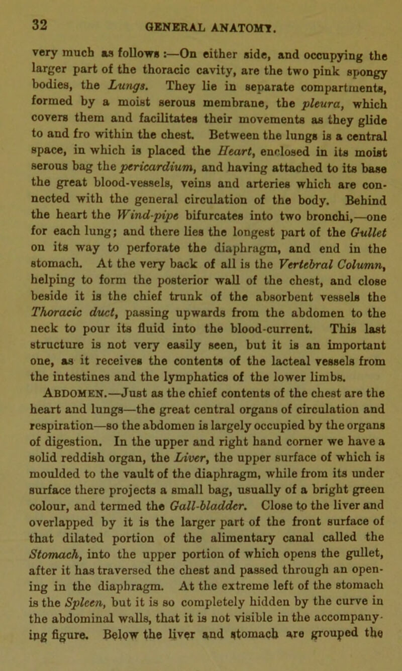 very much as follows :—On either side, and occupying the larger part of the thoracic cavity, are the two pink spongy bodies, the Lungs. They lie in separate compartments, formed by a moist serous membrane, the pleura, which covers them and facilitates their movements as they glide to and fro within the chest. Between the lungs is a central space, in which is placed the Heart, enclosed in its moist serous bag the pericardium, and having attached to its base the great blood-vessels, veins and arteries which are con- nected with the general circulation of the body. Behind the heart the Wind-pipe bifurcates into two bronchi,—one for each lung; and there lies the longest part of the Gullet on its way to perforate the diaphragm, and end in the stomach. At the very back of all is the Vertebral Column, helping to form the posterior wall of the chest, and close beside it is the chief trunk of the absorbent vessels the Thoracic duct, passing upwards from the abdomen to the neck to pour its fluid into the blood-current. This last structure is not very easily seen, but it is an important one, as it receives the contents of the lacteal vessels from the intestines and the lymphatics of the lower limbs. Abdomen.—Just as the chief contents of the chest are the heart and lungs—the great central organs of circulation and respiration—so the abdomen is largely occupied by the organs of digestion. In the upper and right hand corner we have a solid reddish organ, the Liver, the upper surface of which is moulded to the vault of the diaphragm, while from its under surface there projects a small bag, usually of a bright green colour, and termed the Gall-bladder. Close to the liver and overlapped by it is the larger part of the front surface of that dilated portion of the alimentary canal called the Stomach, into the upper portion of which opens the gullet, after it has traversed the chest and passed through an open- ing in the diaphragm. At the extreme left of the stomach is the Spleen, but it is so completely hidden by the curve in the abdominal walls, that it is not visible in the accompany- ing figure. Below the liver and stomach are grouped the