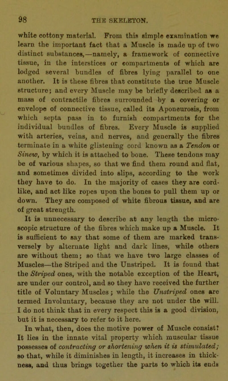 white cottony material. From this simple examination we learn the important fact that a Muscle is made up of two distinct substances,—namely, a framework of connective tissue, in the interstices or compartments of which are lodged several bundles of fibres lying parallel to one another. It is these fibres that constitute the true Muscle structure; and every Muscle may be briefly described as a mass of contractile fibres surrounded by a covering or envelope of connective tissue, called its Aponeurosis, from which septa pass in to furnish compartments for the individual bundles of fibres. Every Muscle is supplied with arteries, veins, and nerves, and generally the fibres terminate in a white glistening cord known as a Tendon or Sinew, by which it is attached to bone. These tendons may be of various shapes, so that we find them round and flat, and sometimes divided into slips, according to the work they have to do. In the majority of cases they are cord- like, and act like ropes upon the bones to pull them up or down. They are composed of white fibrous tissue, and are of great strength. It is unnecessary to describe at any length the micro- scopic structure of the fibres which make up a Muscle. It is sufficient to say that some of them are marked trans- versely by alternate light and dark lines, while others are without them; so that we have two large classes of Muscles—the Striped and the Unstriped, It is found that the Striped ones, with the notable exception of the Heart, are under our control, and so they have received the further title of Voluntary Muscles; while the Unstriped ones are termed Involuntary, because they are not under the will. I do not think that in every respect this is a good division, but it is necessary to refer to it here. In what, then, does the motive power of Muscle consist? It lies in the innate vital property which muscular tissue possesses of contracting or shortening when it is stimulated; so that, while it diminishes in length, it increases in thick- ness, and thus brings together the parts to which its ends