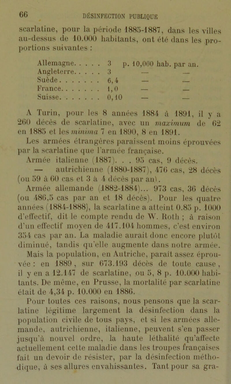 scarlatine, pour la période 1885-1887, dans les villes au-dessus de 10.000 habitants, ont été dans les pro- portions suivantes : Allemagne 3 p. 10,000 hab. par an. Angleterre 3 — Suède 6,4 — — France 1,0 — — Suisse 0,10 — — A Turin, pour les 8 années 1881 à 1891, il y a 260 décès de scarlatine, avec un maximum de 62 en 1885 et les minium 7 en 1890, 8 en 1891. Les armées étrangères paraissent moins éprouvées par la scarlatine que l’armée française. Armée italienne (1887). . . 95 cas, 9 décès. — autrichienne (1880-1887), 47(5 cas, 28 décès (ou 59 à 60 cas et 3 h 4 décès par anl. Armée allemande (1882-1884)... 973 cas, 3(5 décès (ou 480,5 cas par an et 18 décès). Pour les quatre années (1884-1888), la scarlatine a atteint 0.85 p. 1000 d'effectif, dit le compte rendu de W. Roth ; à raison d'un effectif moyen de 417.104 hommes, c'est environ 354 cas par an. La maladie aurait donc encore plutôt diminué, tandis qu’elle augmente dans notre armée. Mais la population, en Autriche, parait assez éprou- vée : en 1889, sur (573.193 décès de toute cause, il y en a 12.147 de scarlatine, ou 5, 8 p. 10.000 habi- tants. De même, en Prusse, la mortalité par scarlatine était de 4,34 p. 10.000 en 188(5. Pour toutes ces raisons, nous pensons que la scar- latine légitime largement la désinfection dans la population civile de tous pays, et si les armées alle- mande, autrichienne, italienne, peuvent s’en passer jusqu’à nouvel ordre, la haute léthalité qu’affecte actuellement cette maladie dans les troupes françaises fait un devoir de résister, par la désinfection métho- dique, à ses allures envahissantes. Tant pour sa gra-
