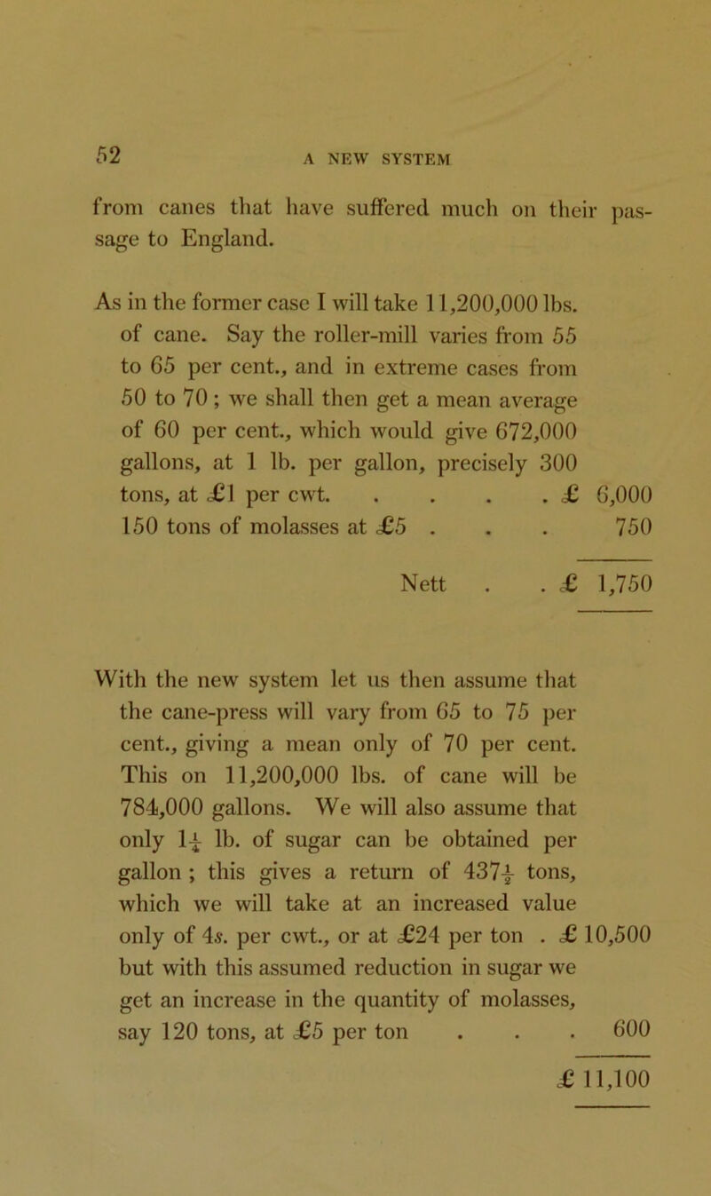 from canes that have suffered much on their pas- sage to England. As in the former case I will take 11,200,000 lbs. of cane. Say the roller-mill varies from 55 to G5 per cent., and in extreme cases from 50 to 70; we shall then get a mean average of GO per cent., which would give G72,000 gallons, at 1 lb. per gallon, precisely 300 tons, at £1 per cwt £ 6,000 150 tons of molasses at £5 . . . 750 Nett . . £ 1,750 With the new system let us then assume that the cane-press will vary from 65 to 75 per cent., giving a mean only of 70 per cent. This on 11,200,000 lbs. of cane will be 784,000 gallons. We will also assume that only l£ lb. of sugar can be obtained per gallon ; this gives a return of 437\ tons, which we will take at an increased value only of 4s. per cwt., or at <£24 per ton . £ 10,500 but with this assumed reduction in sugar we get an increase in the quantity of molasses, say 120 tons, at £5 per ton . . . 600 £11,100