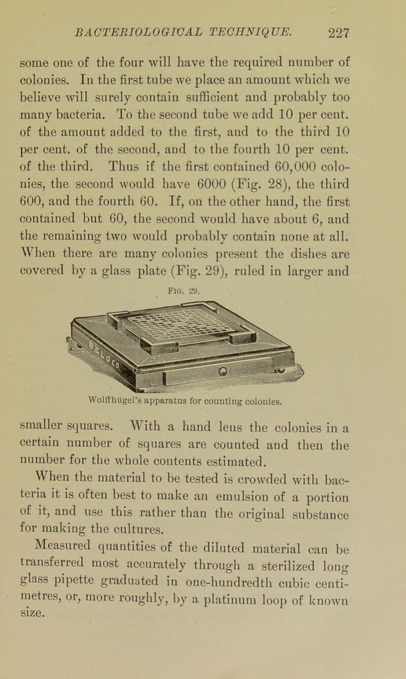 some one of the four will have the required number of colonies. In the first tube we place an amount which we believe will surely contain sufficient and probably too many bacteria. To the second tube we add 10 per cent, of the amount added to the first, and to the third 10 per cent, of the second, and to the fourth 10 per cent, of the third. Thus if the first contained 60,000 colo- nies, the second would have 6000 (Fig. 28), the third 600, and the fourth 60. If, on the other hand, the first contained but 60, the second would have about 6, and the remaining two would probably contain none at all. When there are many colonies present the dishes are covered by a glass plate (Fig. 29), ruled in larger and Fig. 29. Wolffhllgel’s apparatus for counting colonies. smaller squares. With a hand lens the colonies in a certain number of squares are counted and then the number for tlie whole contents estimated. When the material to be tested is crowded with bac- teria it is often best to make an emulsion of a portion of it, and use this rather thau the original substance for making the cultures. Measured quantities of the diluted material can be transferred most accurately through a sterilized long glass pipette graduated in one-hundredth cubic centi- metres, or, more roughly, by a platinum loop of known size.