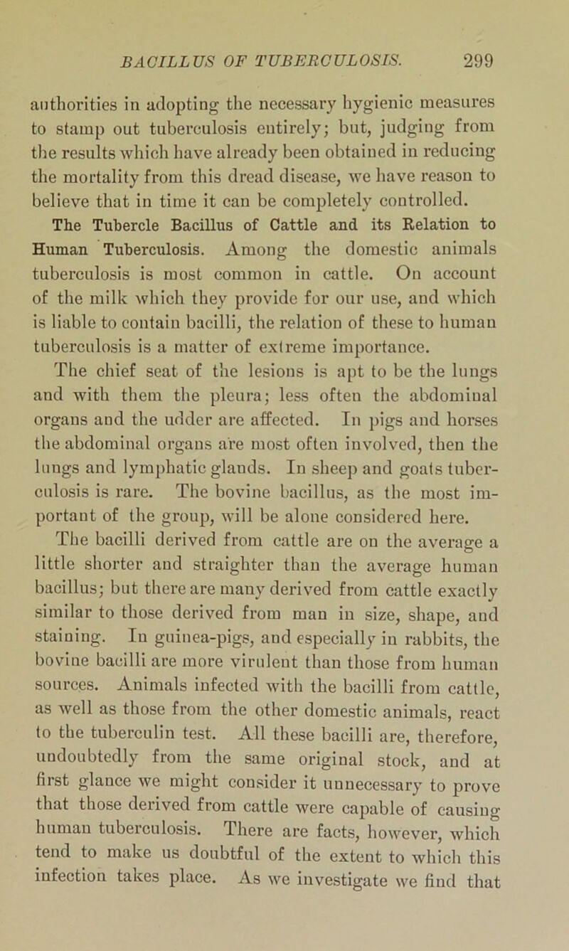 authorities in adopting the necessary hygienic measures to stamp out tuberculosis entirely; but, judging from the results which have already been obtained in reducing the mortality from this dread disease, we have reason to believe that in time it can be completely controlled. The Tubercle Bacillus of Cattle and its Relation to Human Tuberculosis. Among the domestic animals tuberculosis is most common in cattle. On account of the milk which they provide for our use, and which is liable to contain bacilli, the relation of these to human tuberculosis is a matter of extreme importance. The chief seat of the lesions is apt to be the lungs and with them the pleura; less often the abdominal organs and the udder are affected. In pigs and horses the abdominal organs are most often involved, then the lungs and lymphatic glands. In sheep and goats tuber- culosis is rare. The bovine bacillus, as the most im- portant of the group, will be alone considered here. The bacilli derived from cattle are on the average a little shorter and straighter than the average human bacillus; but there are many derived from cattle exactly similar to those derived from man in size, shape, and staining. In guinea-pigs, and especially in rabbits, the bovine bacilli are more virulent than those from human sources. Animals infected with the bacilli from cattle, as well as those from the other domestic animals, react to the tuberculin test. All these bacilli are, therefore, undoubtedly from the same original stock, and at first glance we might consider it unnecessary to prove that those derived from cattle were capable of causing human tuberculosis. There are facts, however, which tend to make us doubtful of the extent to which this infection takes place. As we investigate we find that