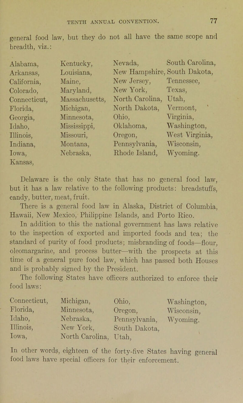 general food law, but they do not all have the same scope and breadth, viz.: Alabama, Kentucky, Nevada, South Carolina, Arkansas, Louisiana, New Hampshire, South Dakota, California, Maine, New Jersey, Tennessee, Colorado, Maryland, New York, Texas, Connecticut, Massachusetts, North Carolina, Utah, Florida, Michigan, North Dakota, Vermont, Georgia, Minnesota, Ohio, Virginia, Idaho, Mississippi, Oklahoma, Washington, Illinois, Missouri, Oregon, West Virginia, Indiana, Montana, Pennsylvania, Wisconsin, Iowa, Nebraska, Rhode Island, Wyoming. Kansas, Delaware is the only State that has no general food law, but it has a law relative to the following products: breadstuffs, candy, butter, meat, fruit. There is a general food law in Alaska, District of Columbia, Hawaii, New Mexico, Philippine Islands, and Porto Rico. In addition to this the national government has laws relative to the inspection of exported and imported foods and tea; the standard of purity of food products; misbranding of foods—flour, oleomargarine, and process butter—with the prospects at this time of a general pure food law, which has passed both Houses and is probably signed by the President. The following States have officers authorized to enforce their food laws: Connecticut, Florida, Idaho, Illinois, Iowa, Michigan, Minnesota, Nebraska, New York, North Carolina, Ohio, Oregon, Pennsylvania, South Dakota, Utah, Washington, Wisconsin, Wyoming. In other words, eighteen of the forty-five States having general food laws have special officers for their enforcement.