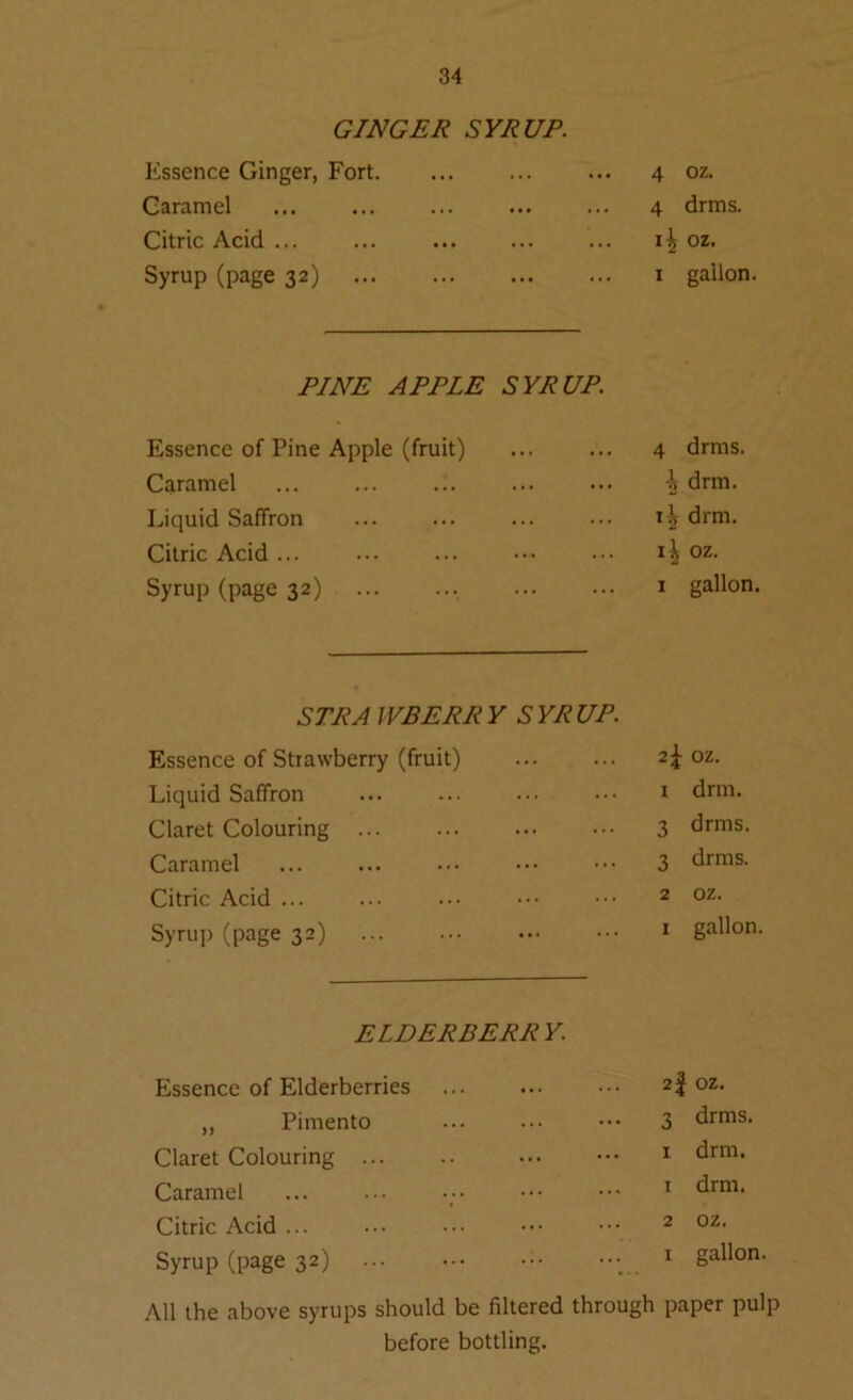 GINGER SYRUP. Essence Ginger, Fort. ... ... ... 4 oz. Caramel ... ... ... ... ... 4 drms. Citric Acid ... ... ... 1^ oz. Syrup (page 32) 1 gallon. PINE APPLE SYRUP. Essence of Pine Apple (fruit) ... ... 4 drms. Caramel ... ... ... ... ••• i drm. Liquid Saffron ... ... drm. Citric Acid ... ... ... ••• ••• H oz. Syrup (page 32) ... ... 1 gallon. STRA WBERR Y SYR UP. Essence of Strawberry (fruit) ... ... 2^ oz. Liquid Saffron ... ... ••• ••• 1 drm. Claret Colouring 3 drms. Caramel 3 drms. Citric Acid ... ... ••• 2 oz. Syrup (page 32) ... ... ••• ••• 1 gallon. ELDERBERR Y. Essence of Elderberries 2| oz. ,, Pimento ... ... ••• 3 drms. Claret Colouring ... .. ... ••• 1 drm. Caramel ... ... ••• ••• 1 drm. Citric Acid ... ... ••• ••• ••• 2 oz- Syrup (page 32) ... ... ••• ••• 1 gallon. All the above syrups should be filtered through paper pulp before bottling.