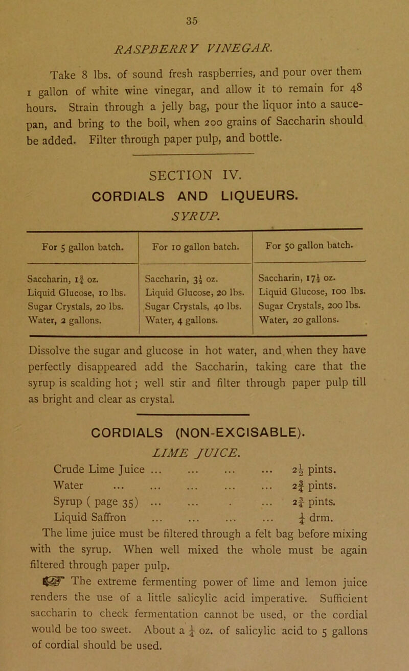 RASPBERRY VINEGAR. Take 8 lbs. of sound fresh raspberries, and pour over them x gallon of white wine vinegar, and allow it to remain for 48 hours. Strain through a jelly bag, pour the liquor into a sauce- pan, and bring to the boil, when 200 grains of Saccharin should be added. Filter through paper pulp, and bottle. SECTION IV. CORDIALS AND LIQUEURS. SYRUP. For 5 gallon batch. For 10 gallon batch. For 50 gallon batch. Saccharin, ij oz. Liquid Glucose, 10 lbs. Sugar Crystals, 20 lbs. Water, 2 gallons. Saccharin, 3J oz. Liquid Glucose, 20 lbs. Sugar Crystals, 40 lbs. Water, 4 gallons. Saccharin, 17J oz. Liquid Glucose, 100 lbs. Sugar Crystals, 200 lbs. Water, 20 gallons. Dissolve the sugar and glucose in hot water, and when they have perfectly disappeared add the Saccharin, taking care that the syrup is scalding hot; well stir and filter through paper pulp till as bright and clear as crystal CORDIALS (NON-EXCISABLE). LIME JUICE. Crude Lime Juice 2\ pints. Water ... ... ... ... ... 2% pints. Syrup ( page 35) af pints. Liquid Saffron ... L drm. The lime juice must be filtered through a felt bag before mixing with the syrup. When well mixed the whole must be again filtered through paper pulp. The extreme fermenting power of lime and lemon juice renders the use of a little salicylic acid imperative. Sufficient saccharin to check fermentation cannot be used, or the cordial would be too sweet. About a £ oz. of salicylic acid to 5 gallons of cordial should be used.